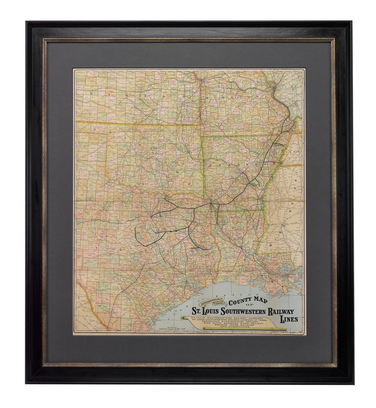 1909 "Geographically Correct County Map of St. Louis Southwestern Railway Lines" by Poole Bros.