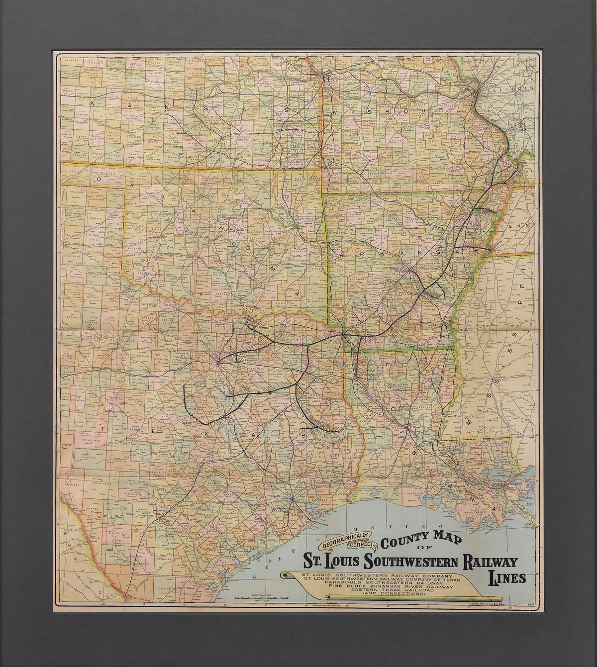 1909 "Geographically Correct County Map of St. Louis Southwestern Railway Lines" by Poole Bros.