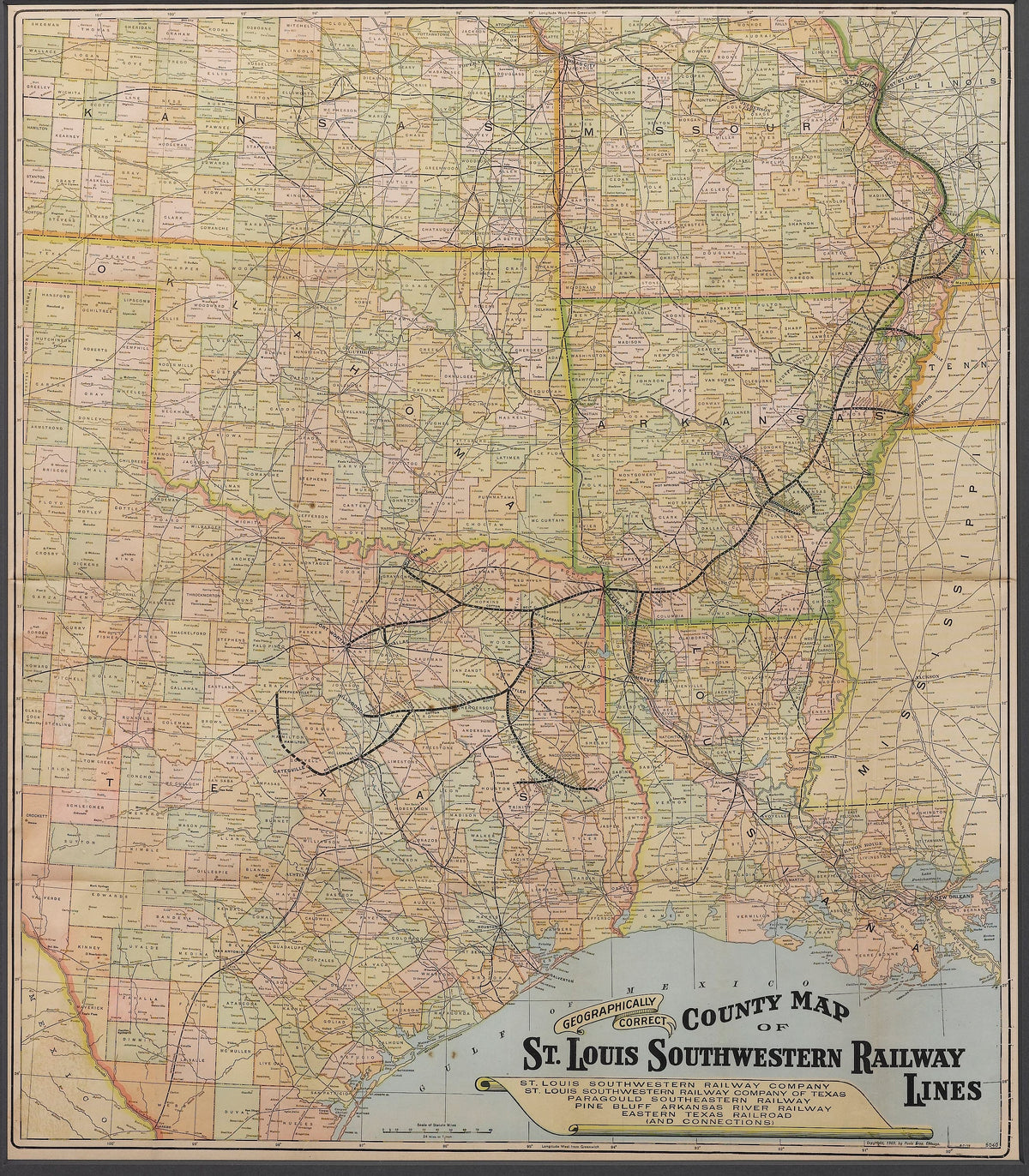 1909 "Geographically Correct County Map of St. Louis Southwestern Railway Lines" by Poole Bros.