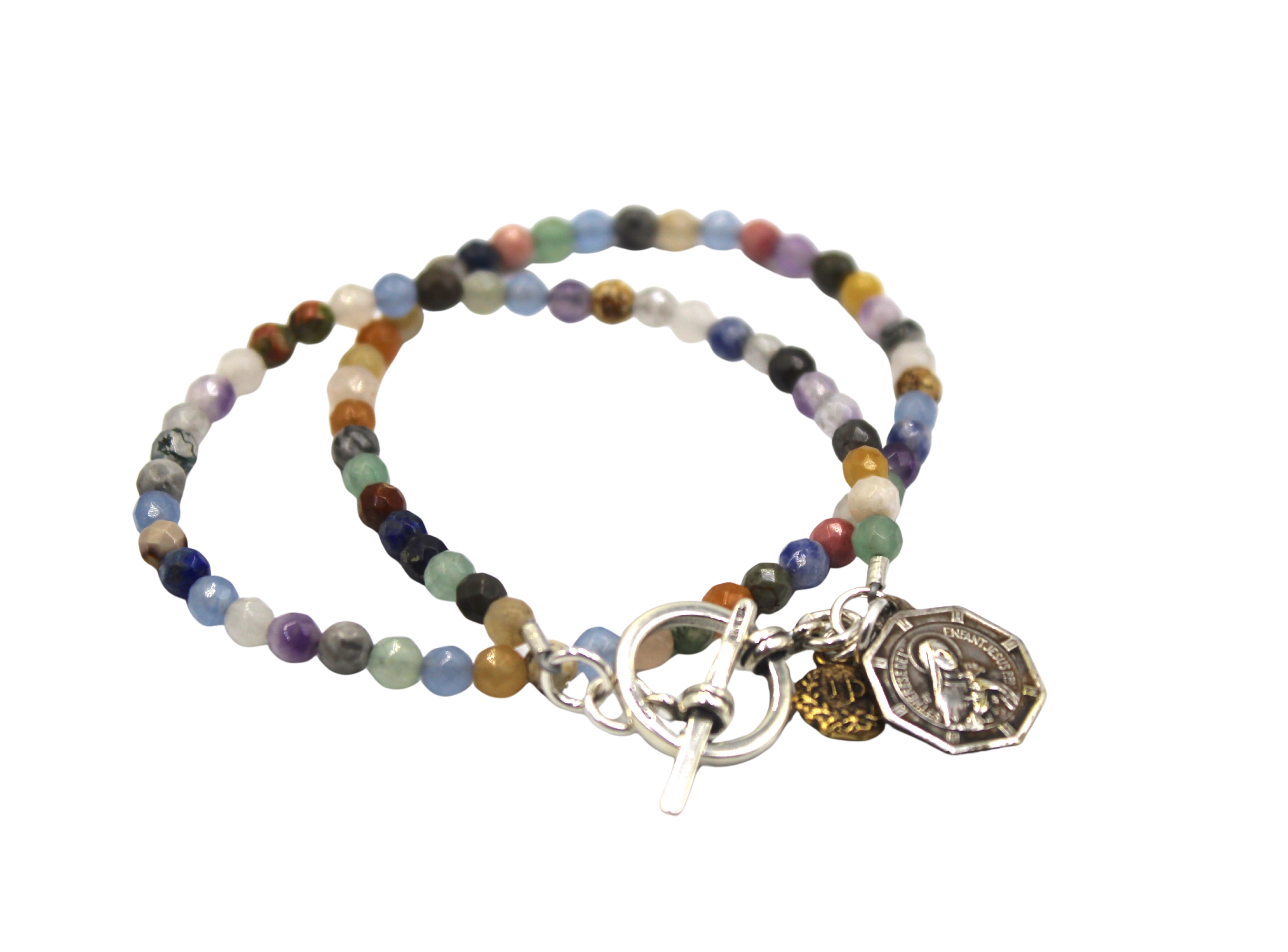 Antique St. Therese Medal on Faceted Multi Stone Double Wrap Bracelet