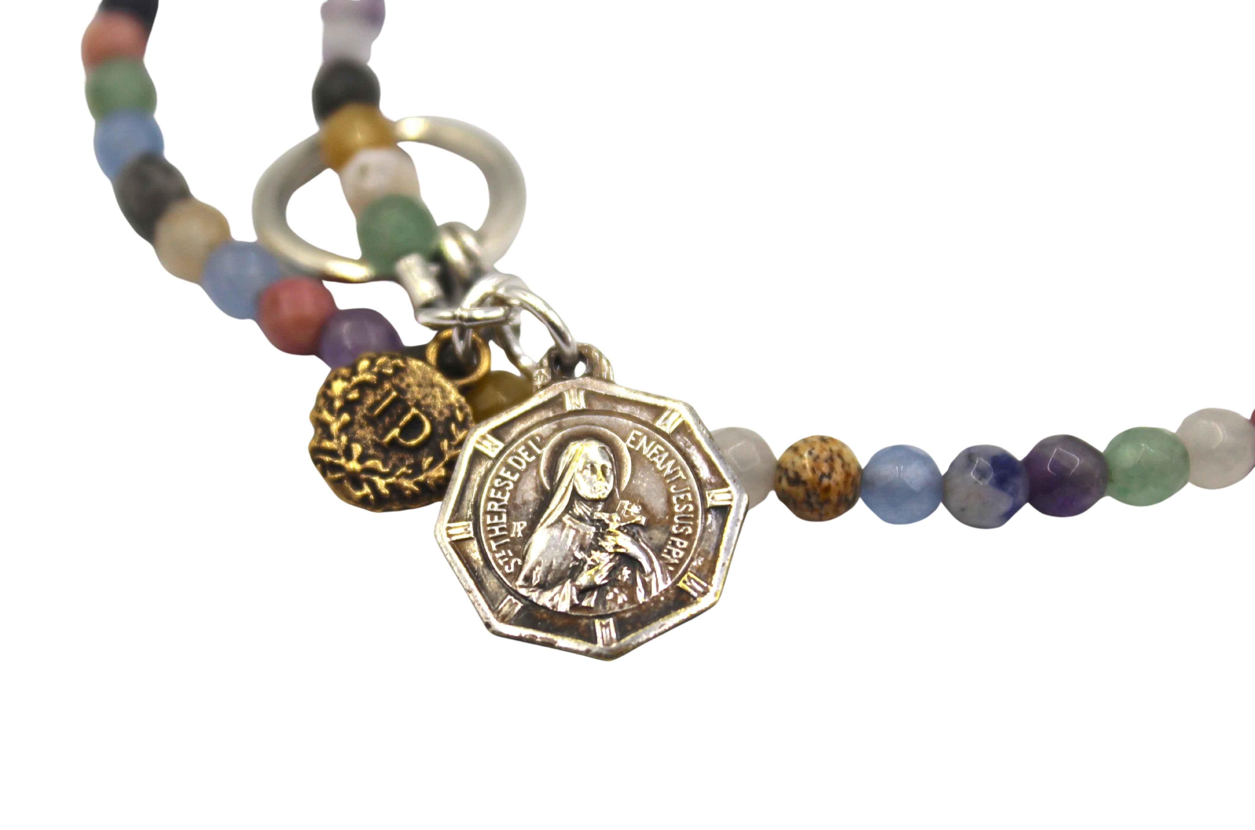 Antique St. Therese Medal on Faceted Multi Stone Double Wrap Bracelet