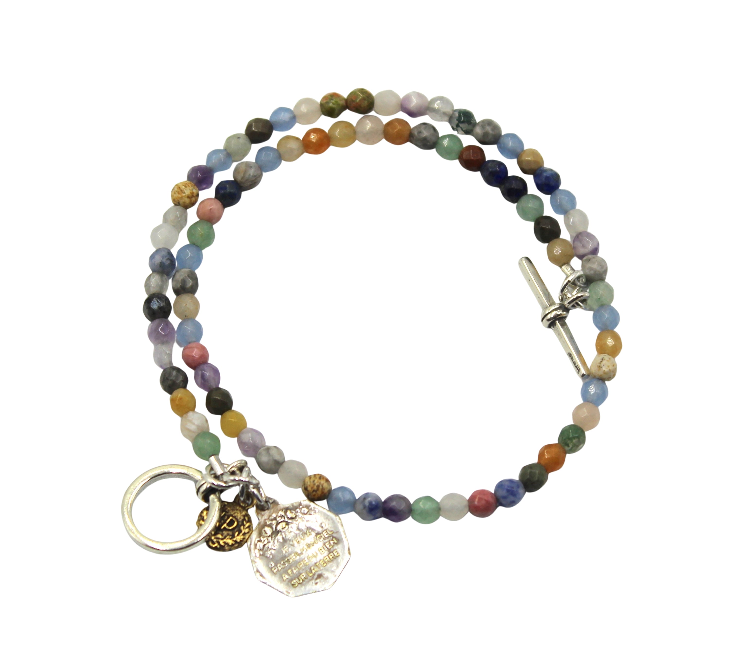 Antique St. Therese Medal on Faceted Multi Stone Double Wrap Bracelet