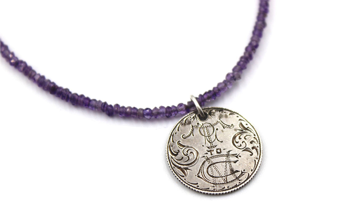Antique Love Token on a Faceted Amethyst Necklace