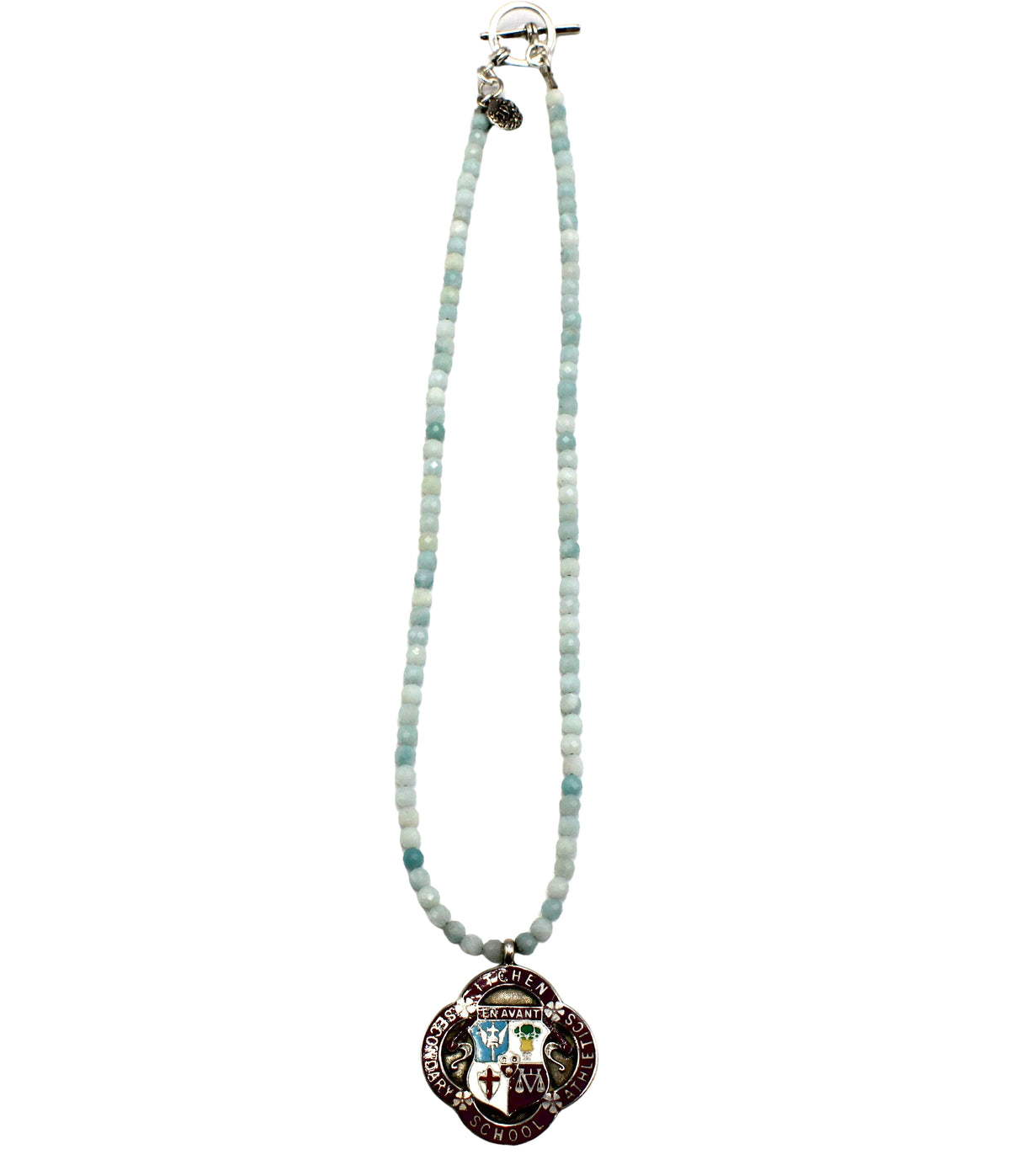 Antique British Sterling Silver & Enamel Fob on a Faceted Amazonite Necklace