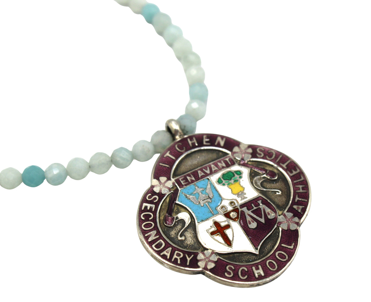 Antique British Sterling Silver & Enamel Fob on a Faceted Amazonite Necklace