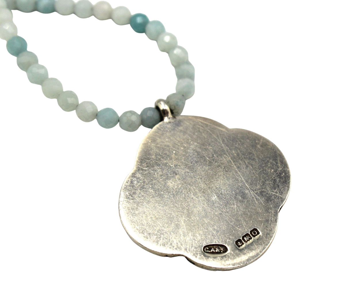 Antique British Sterling Silver & Enamel Fob on a Faceted Amazonite Necklace