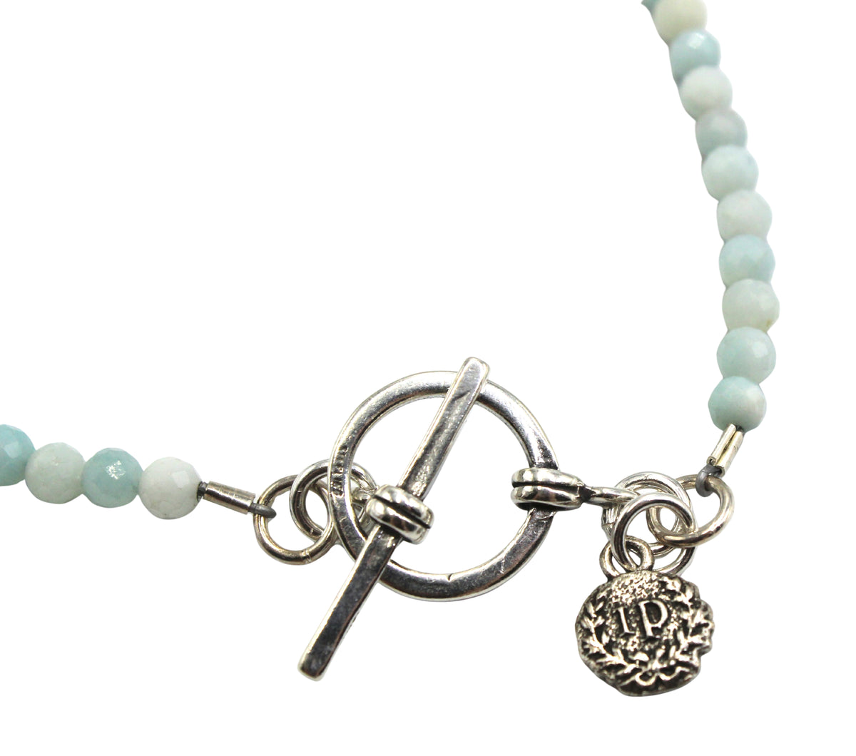 Antique British Sterling Silver & Enamel Fob on a Faceted Amazonite Necklace
