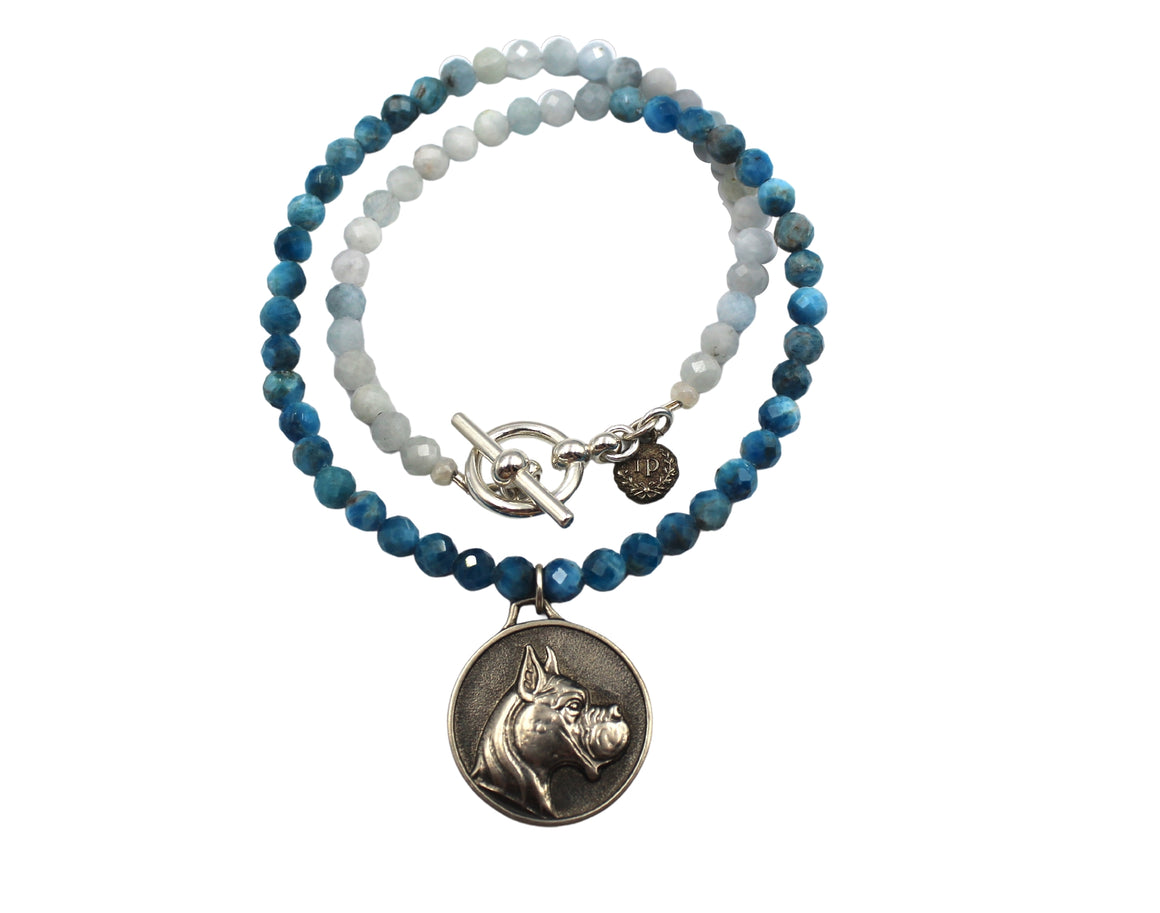 Vintage Boxer Medal Necklace with Apatite and Aquamarine