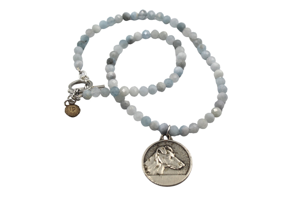 Vintage Greyhound Medal Necklace with Aquamarine