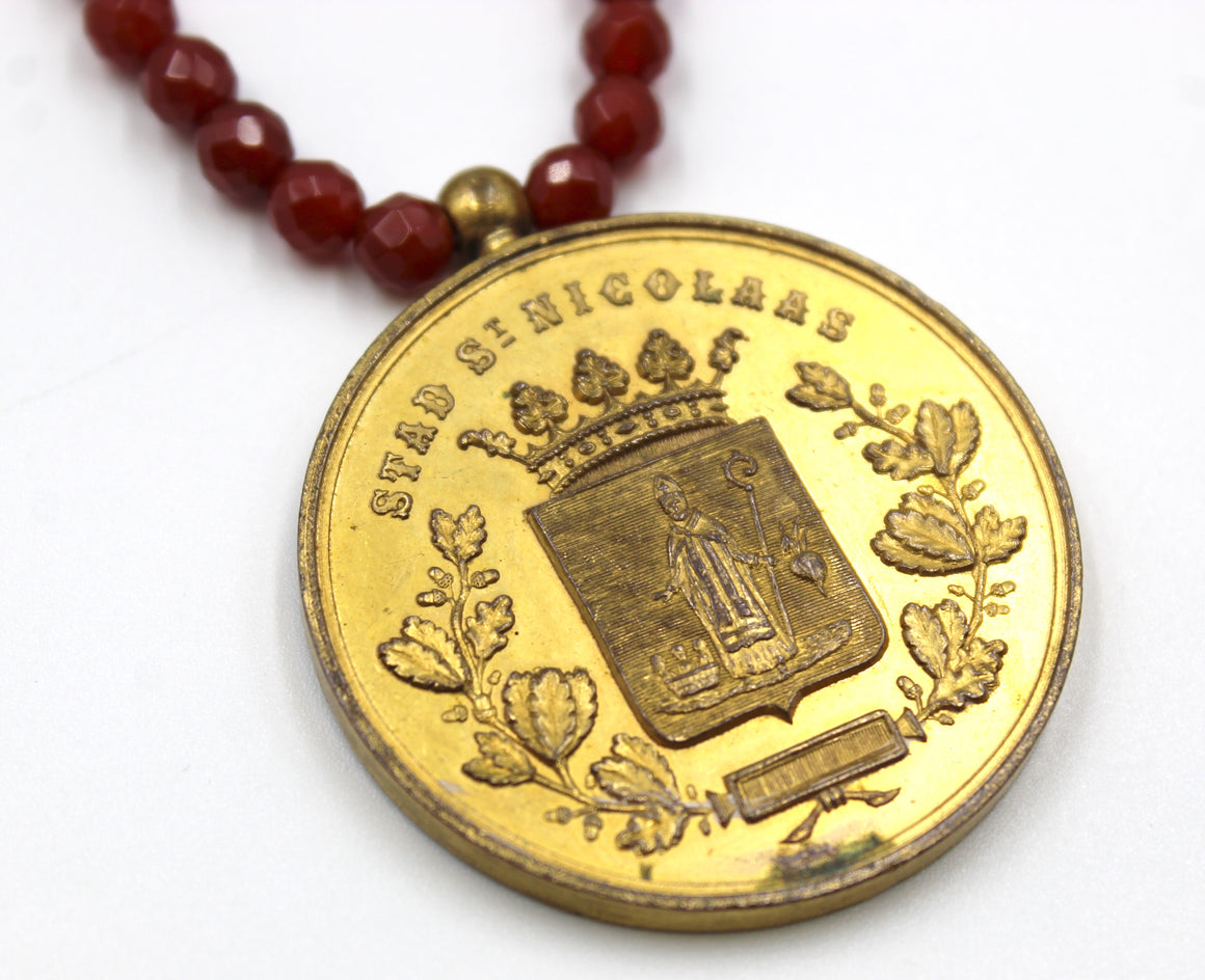 Antique 1895 Saint Nicholas Agricultural Medal on a Carnelian Necklace