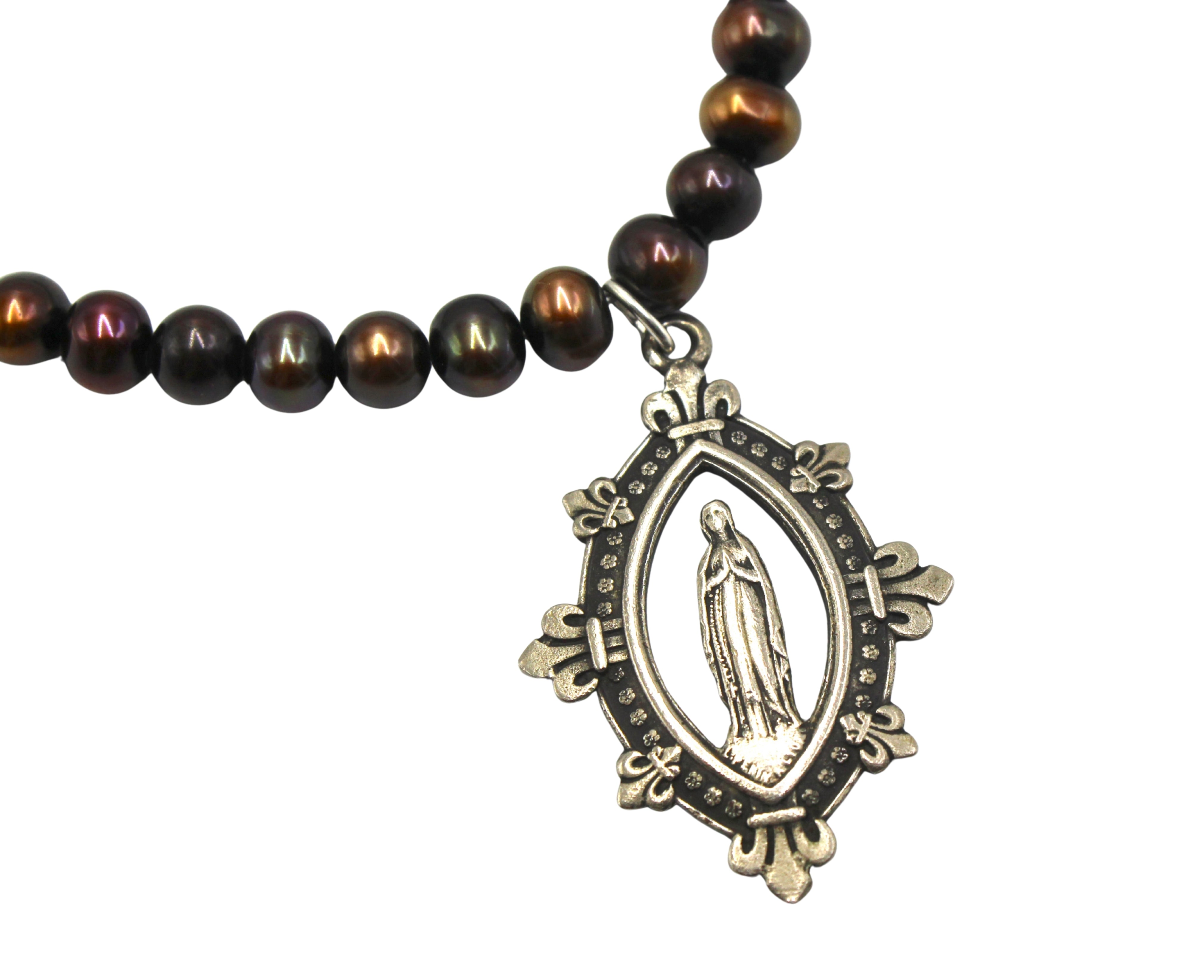 Antique French Medal of Mary on a Freshwater Pearl Necklace