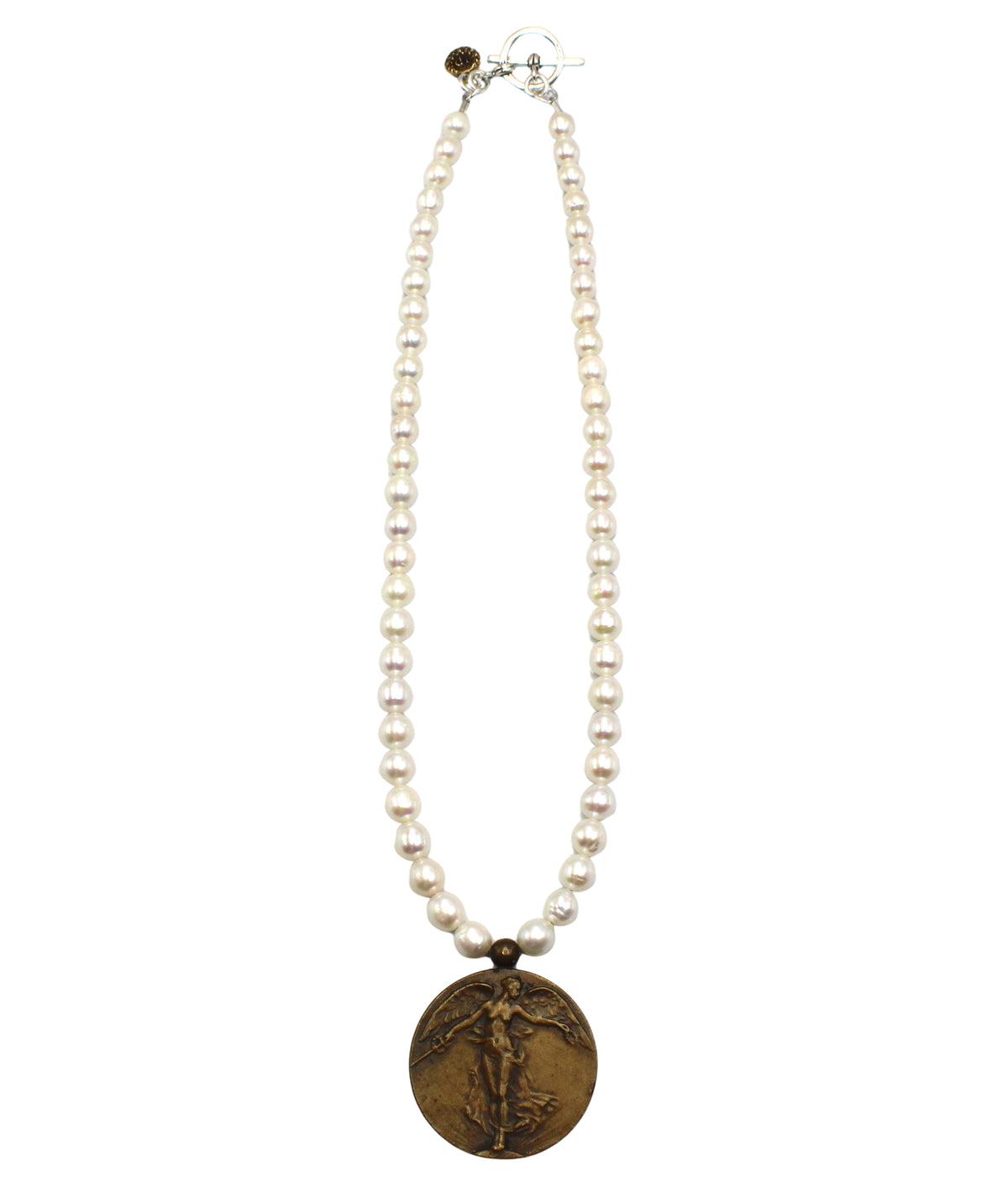 Antique Belgian "The Victory Angel" Bronze Medal on a Freshwater Pearl Necklace