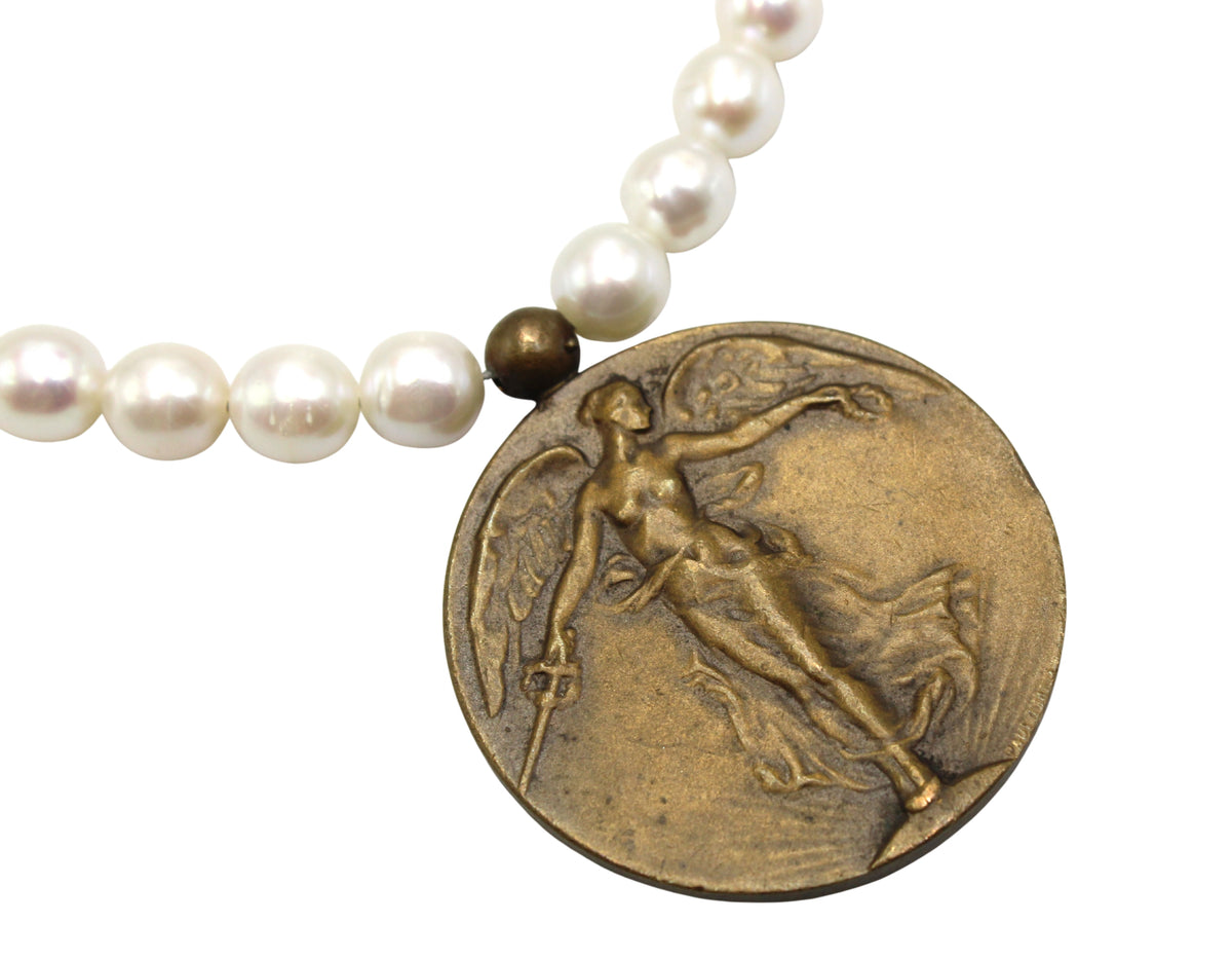 Antique Belgian "The Victory Angel" Bronze Medal on a Freshwater Pearl Necklace