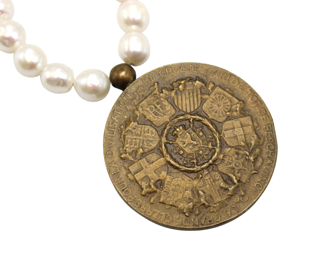 Antique Belgian "The Victory Angel" Bronze Medal on a Freshwater Pearl Necklace