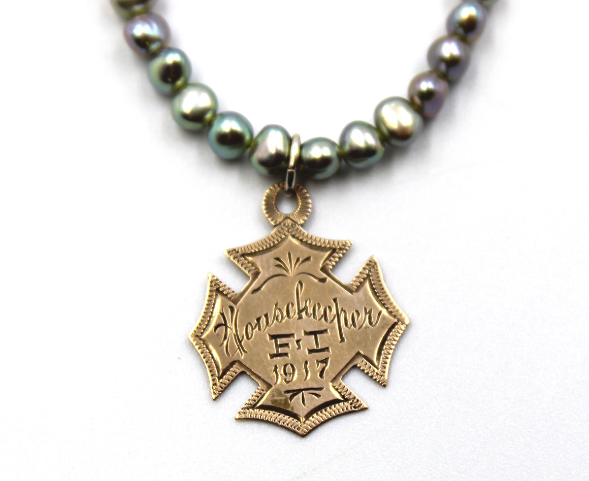 Antique 1917 Rose Gold Medal on a Pearl Necklace