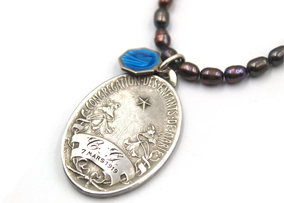Antique French Congregation of the Children of Mary Medal and Blue Enamel Mary Charm on a Freshwater Pearl Necklace
