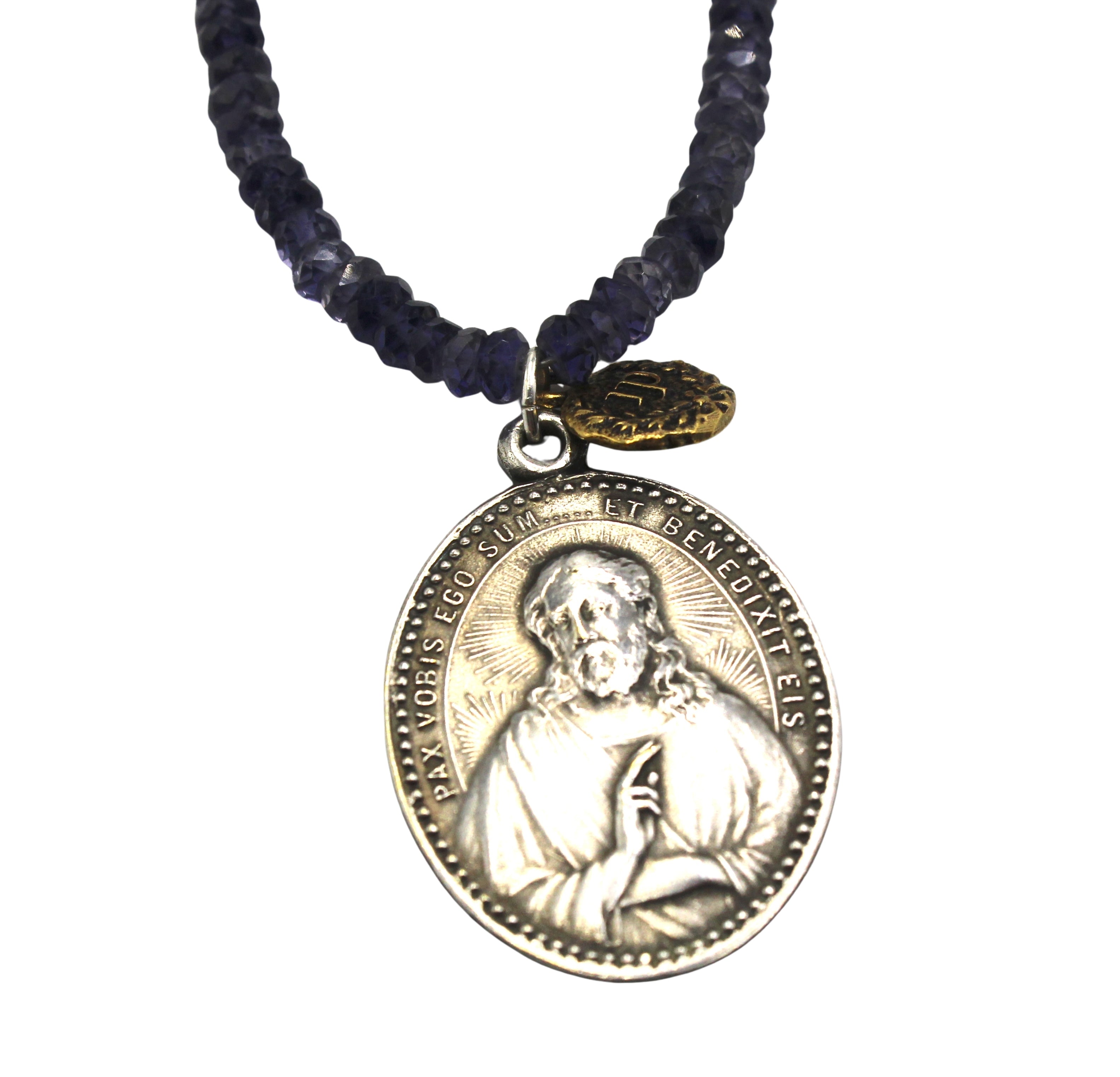 Antique French Medal of Jesus on a Faceted Iolite Necklace