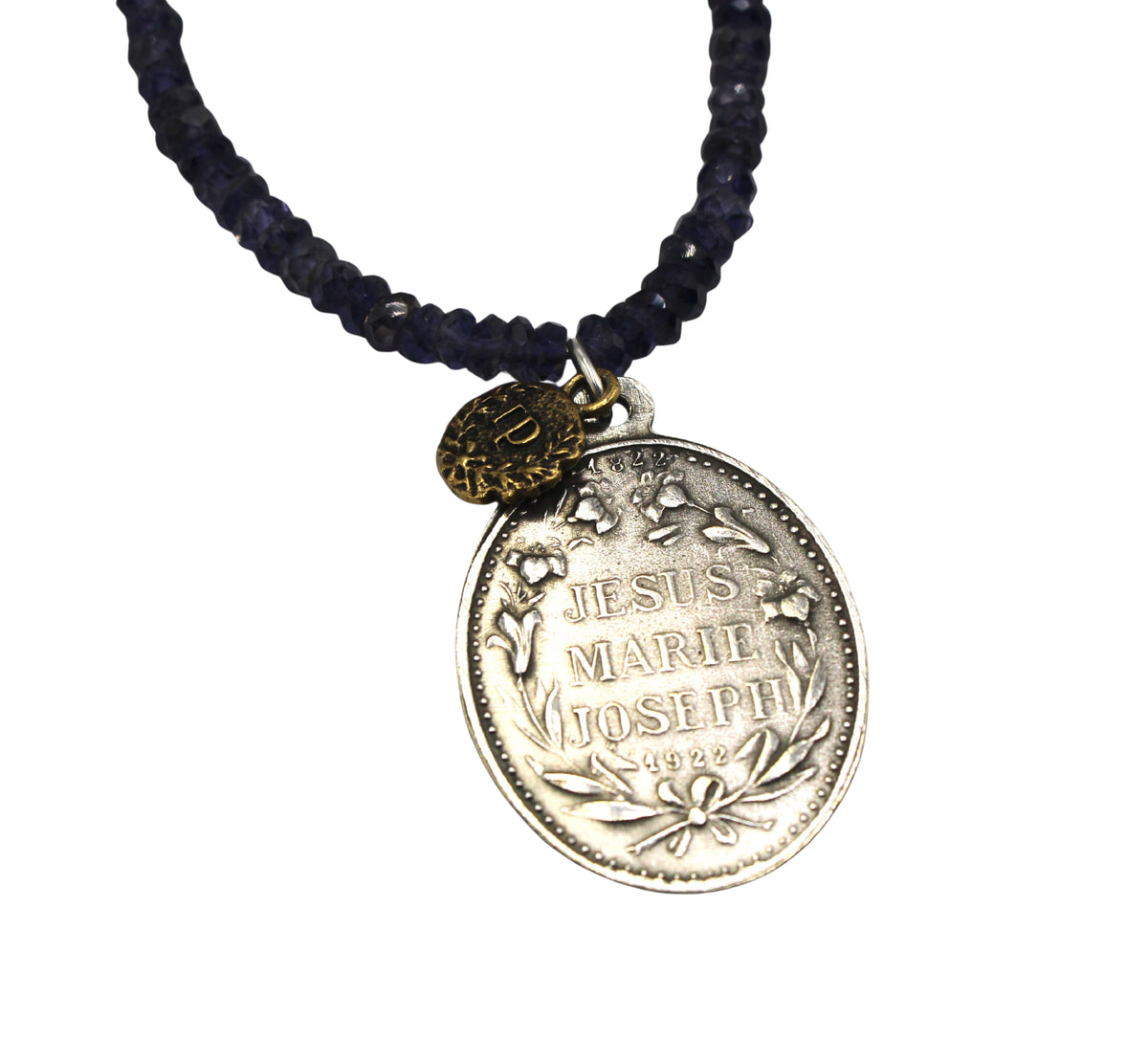 Antique French Medal of Jesus on a Faceted Iolite Necklace