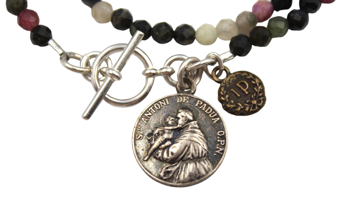 Antique Saint Anthony Charm Double Wrap Bracelet with Faceted Tourmaline