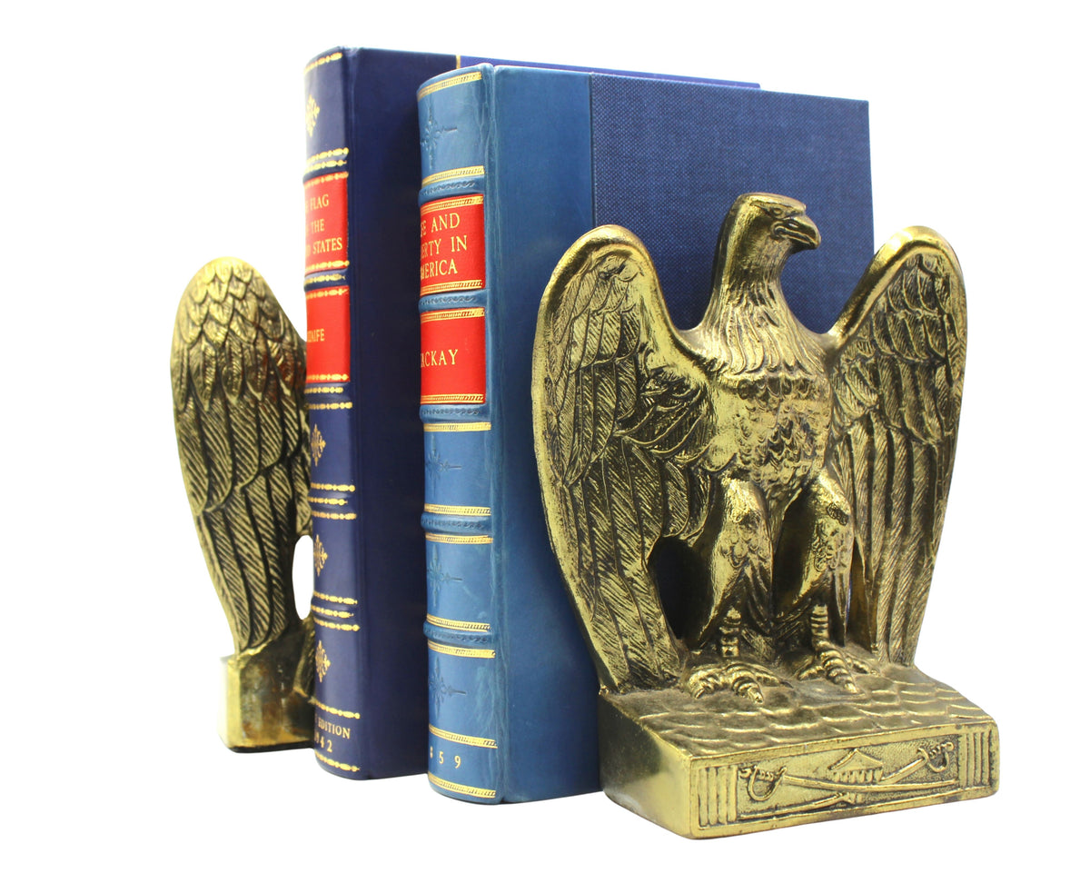 Vintage Brass American Eagle Bookends with Crossed Sword and Shield Base