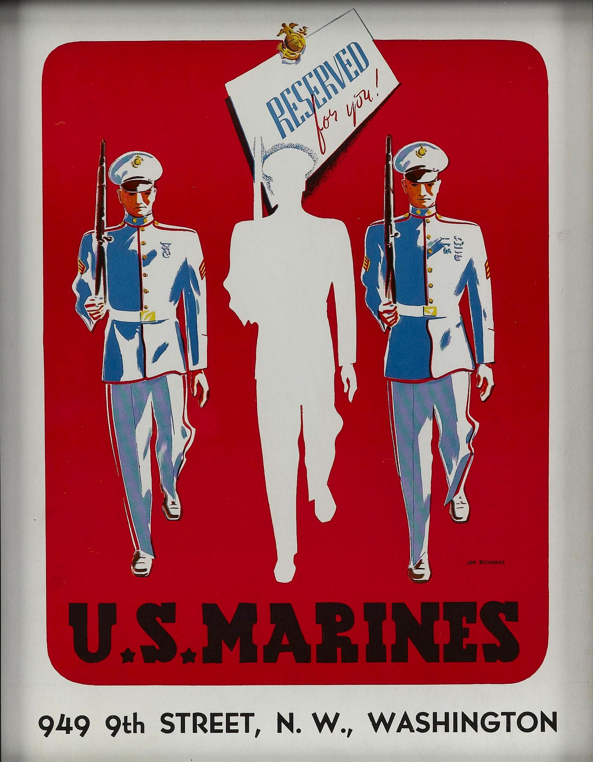 "U.S. Marines. Reserved for you!" Vintage WWII Marine Corps Recruitment Poster by Joe Richards, 1941