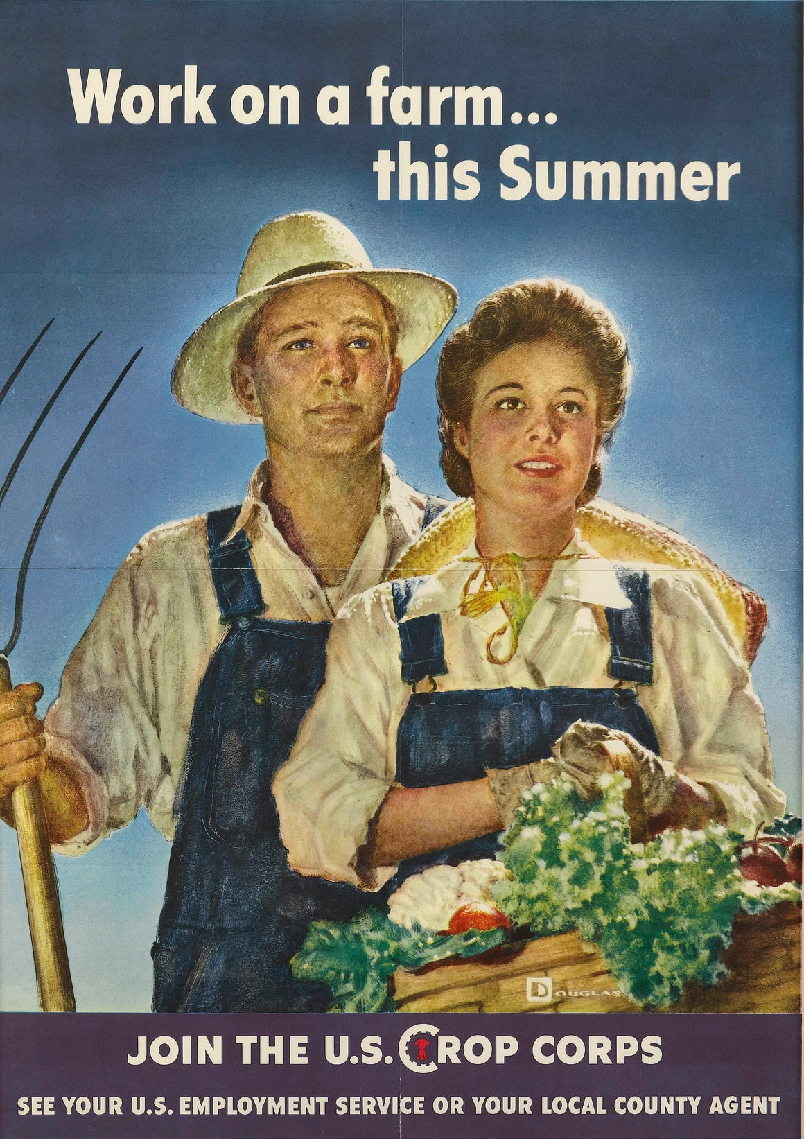 "Work on a farm...this Summer. Join the U.S. Crop Corps" Vintage WWII Recruitment Poster by Douglas, 1943