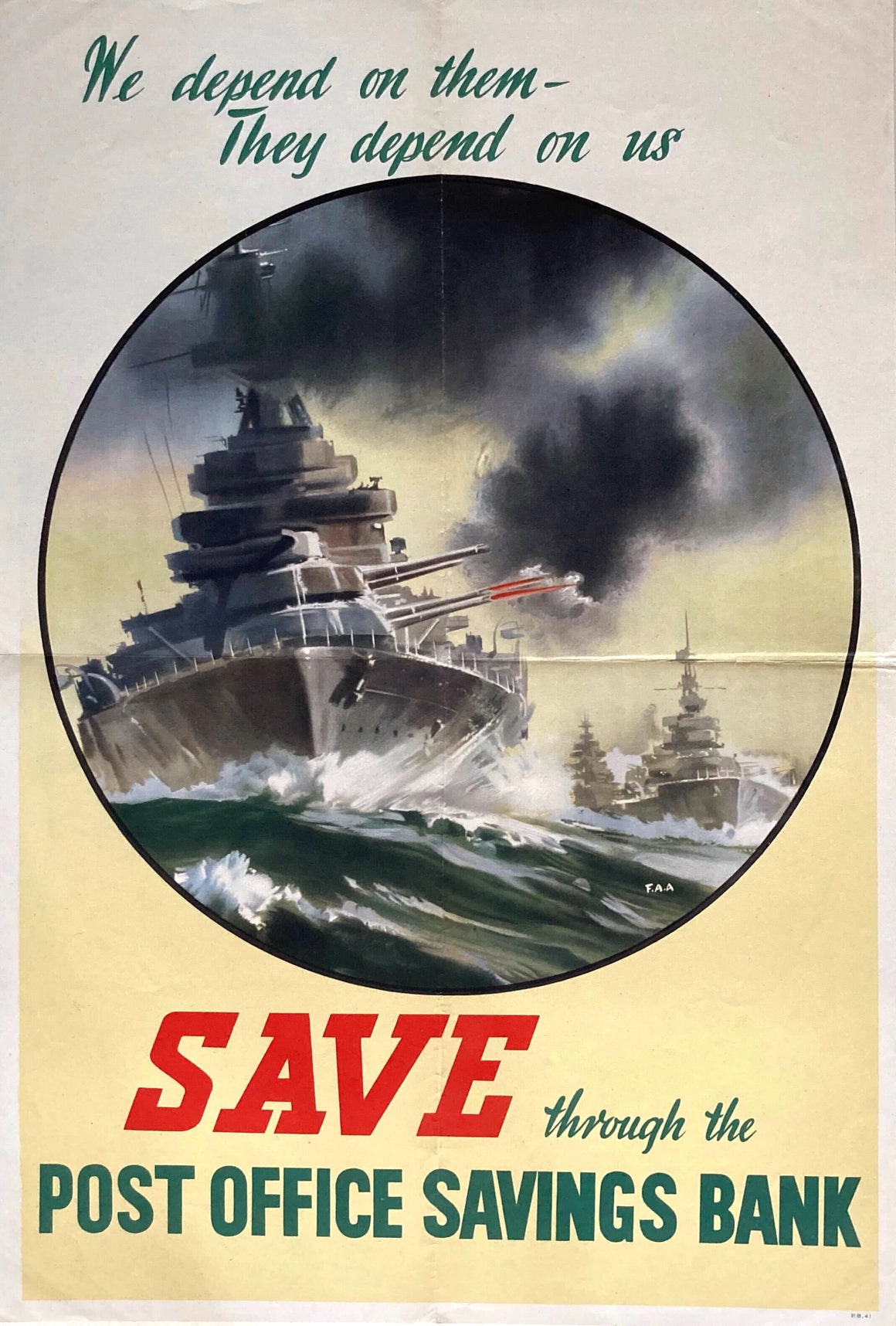 "We depend on them- They depend on us. Save through the Post Office Savings Bank" Vintage WWII Poster, 1941