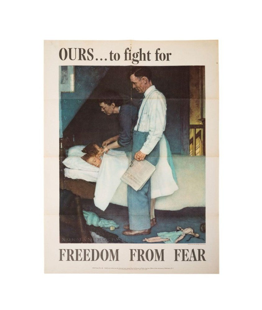 "Ours... To Fight For. Freedom from Fear" Vintage WWII Poster by Norman Rockwell, 1943