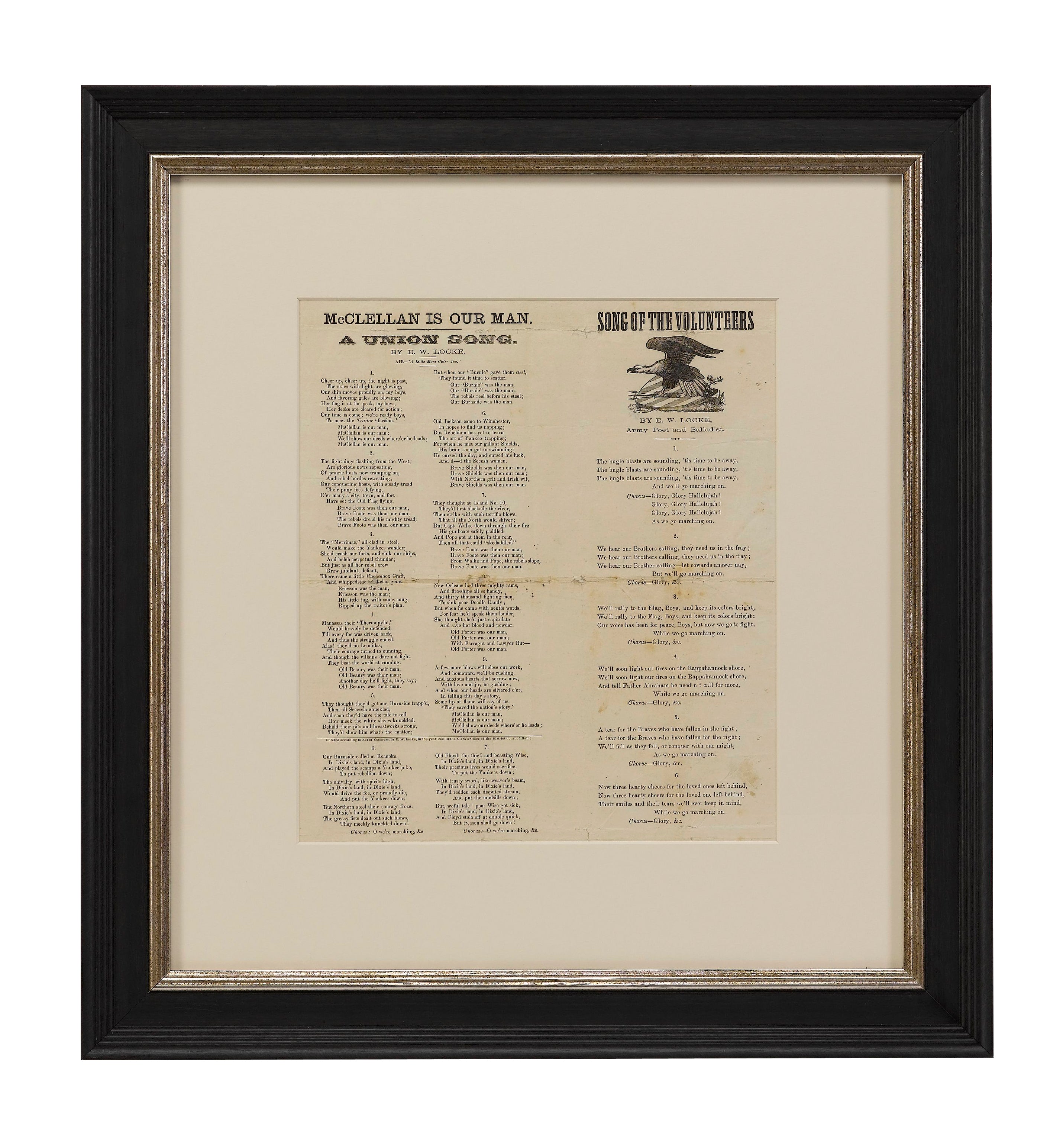 1862 "McClellan is Our Man" and "Song of the Volunteers" Civil War Song Sheet, by E. W. Locke