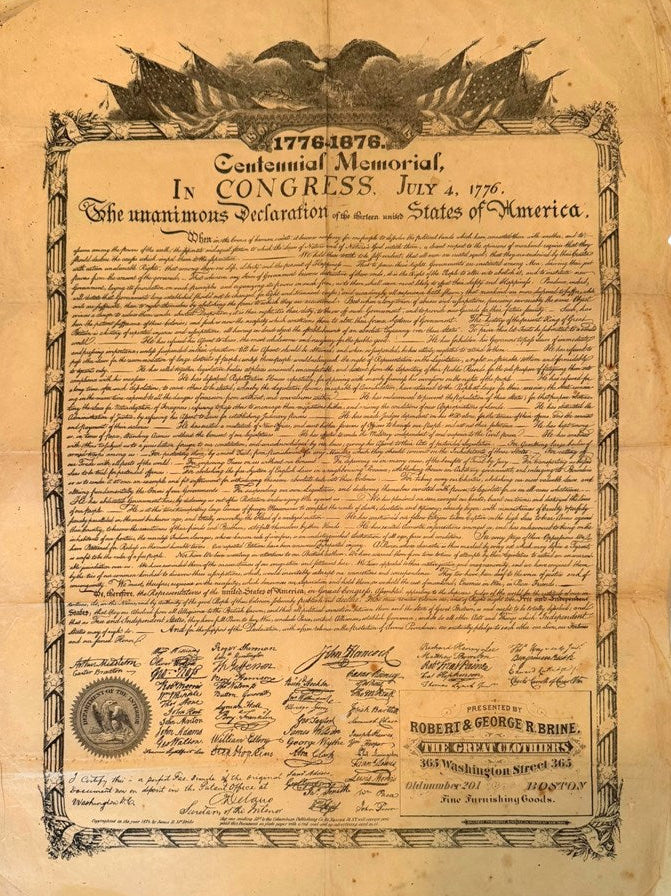 1876 Declaration of Independence Centennial Memorial Broadside by James D. Mcbride, Published by Columbian Publishing Company