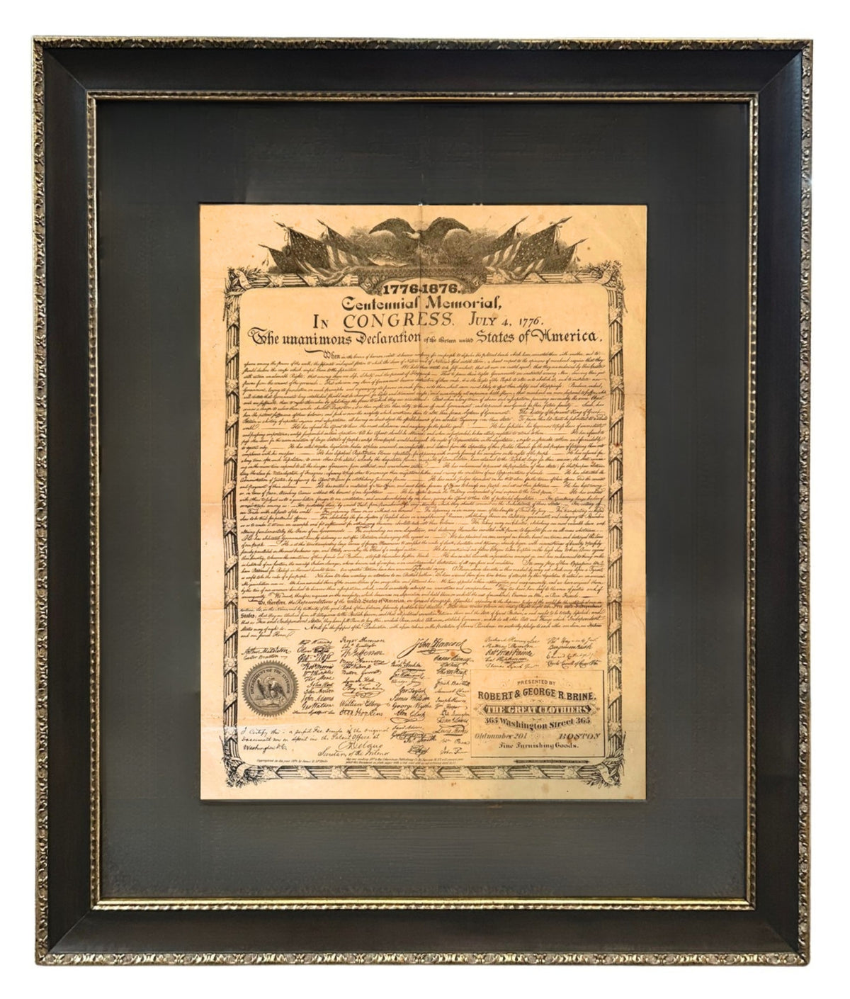 1876 Declaration of Independence Centennial Memorial Broadside by James D. Mcbride, Published by Columbian Publishing Company