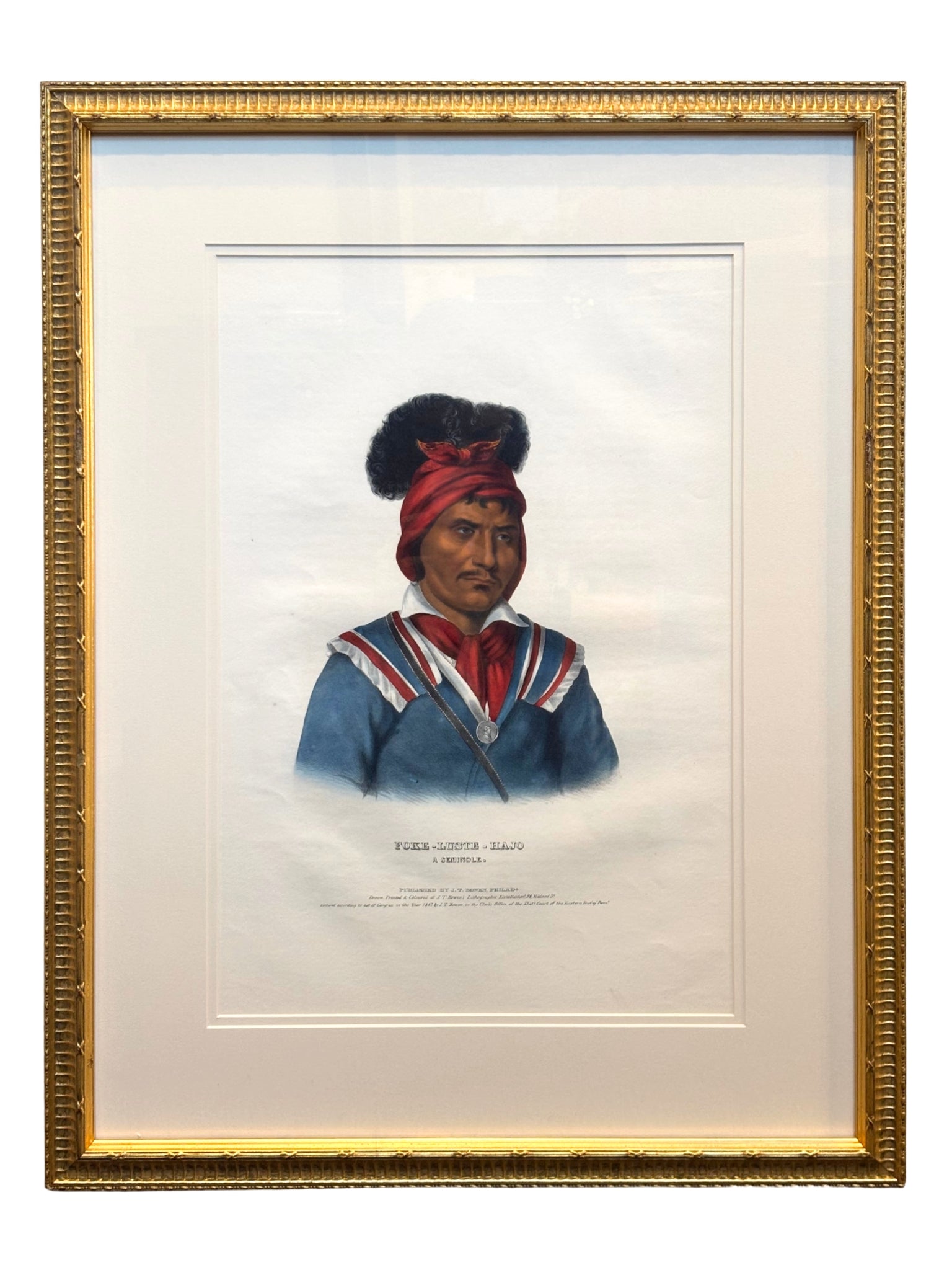 "Foke-Luste-Hajo, A Seminole" Hand-colored Lithograph by Thomas L. McKenney and James Hall, Folio Edition, 1842