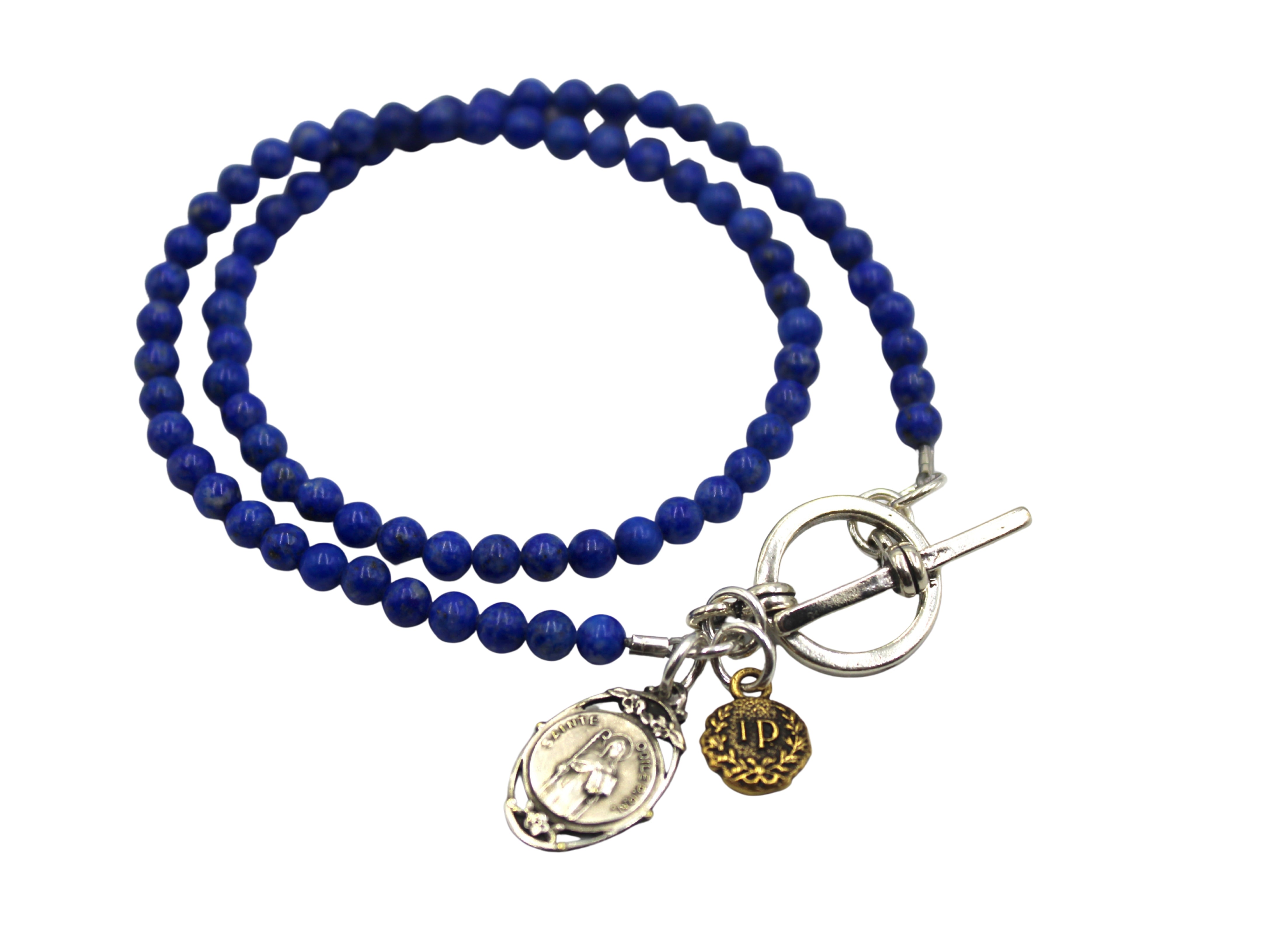 Antique Sainte Odile Medal on Sodalite Double Wrap Bracelet