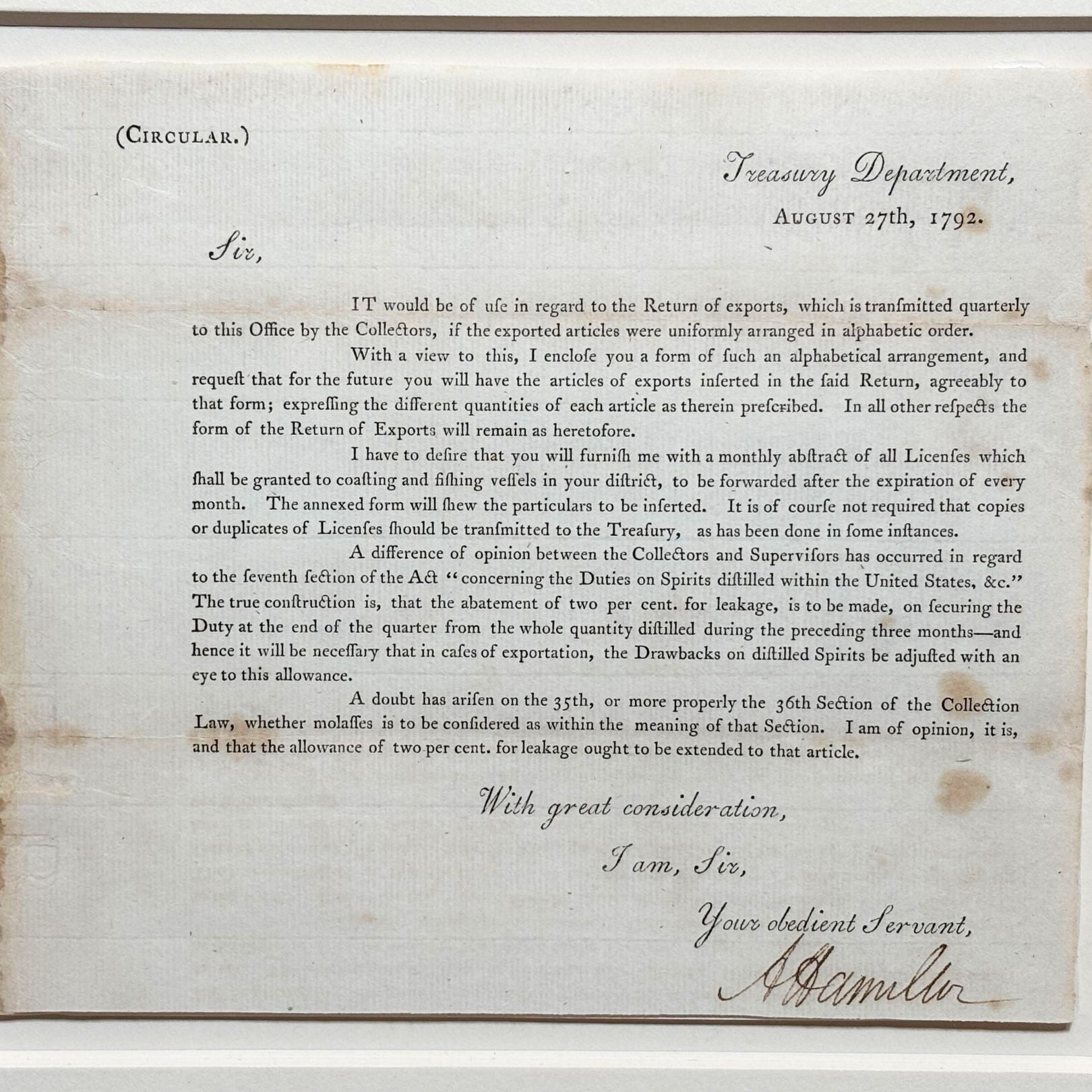Alexander Hamilton Signed Letter, Dated August 27, 1792 - The Great Republic