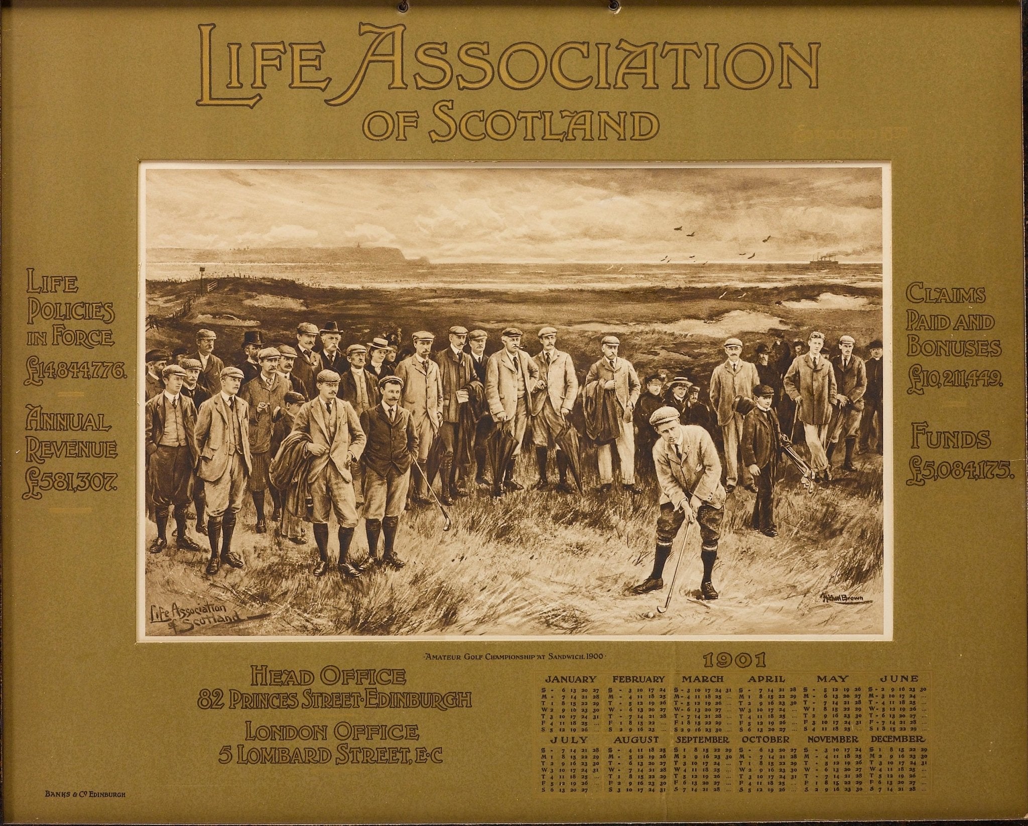 "Amateur Championship at Sandwich" by Michael Brown, Life Association of Scotland Calendar, 1901 - The Great Republic