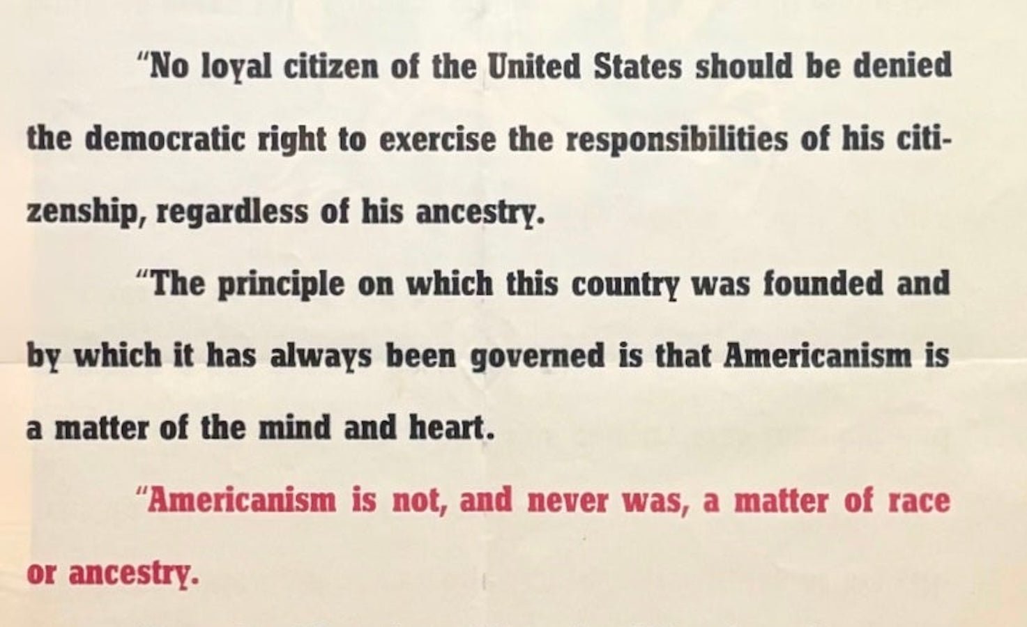 "Americanism is not, and never was, a matter of race or ancestry." Vintage WWII Poster, 1943 - The Great Republic