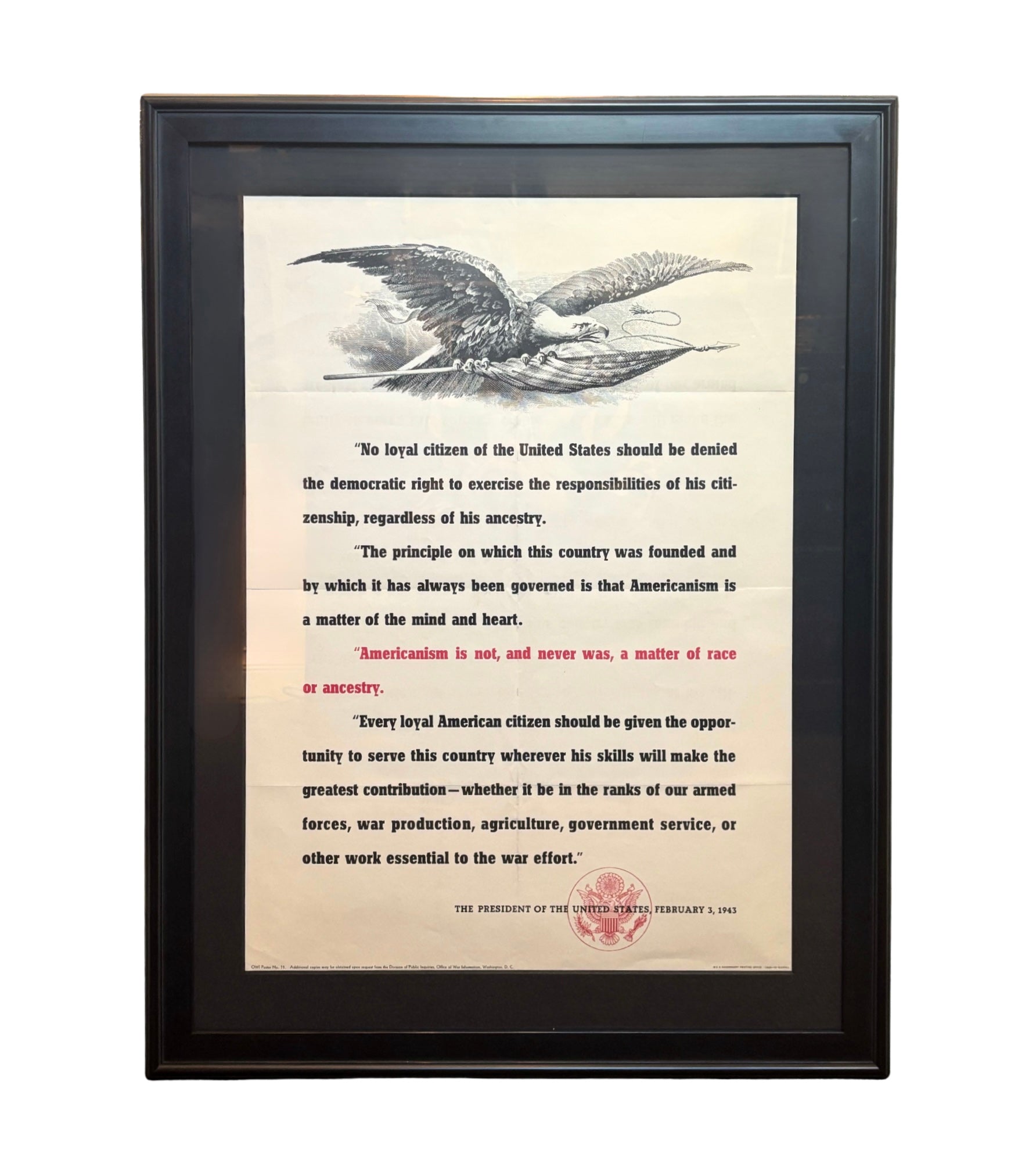 "Americanism is not, and never was, a matter of race or ancestry." Vintage WWII Poster, 1943 - The Great Republic