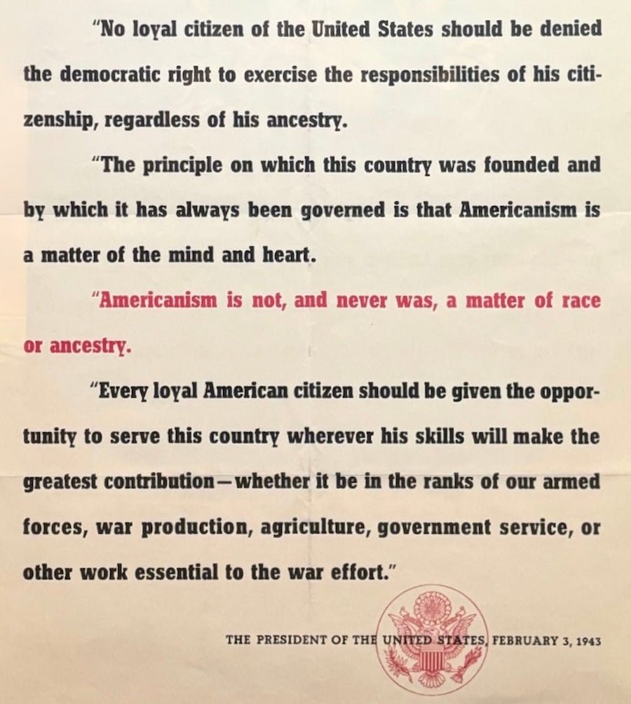 "Americanism is not, and never was, a matter of race or ancestry." Vintage WWII Poster, 1943 - The Great Republic
