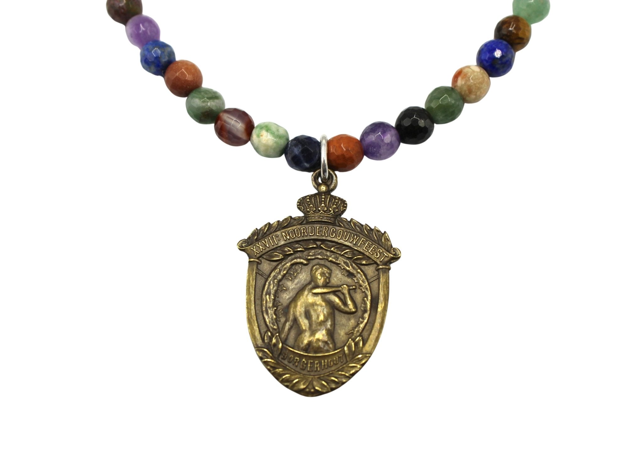 Antique Belgian 1923 "XXVII Noodergouwteest Borgerhout" Medal on Faceted Multistone Necklace - The Great Republic