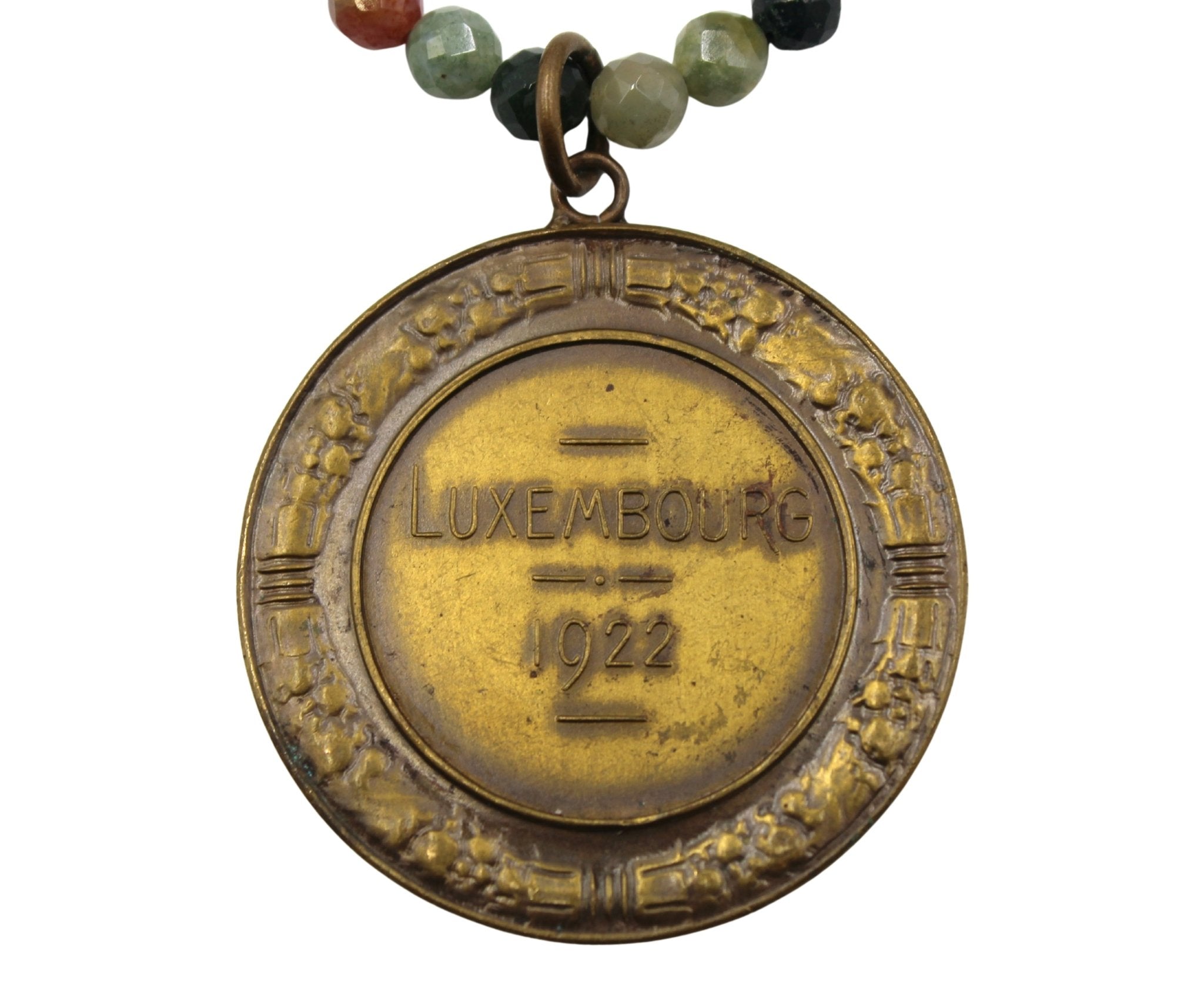 Antique Belgian Bronze Draft Horse Medal on Faceted Multi Stone Beaded Necklace - The Great Republic