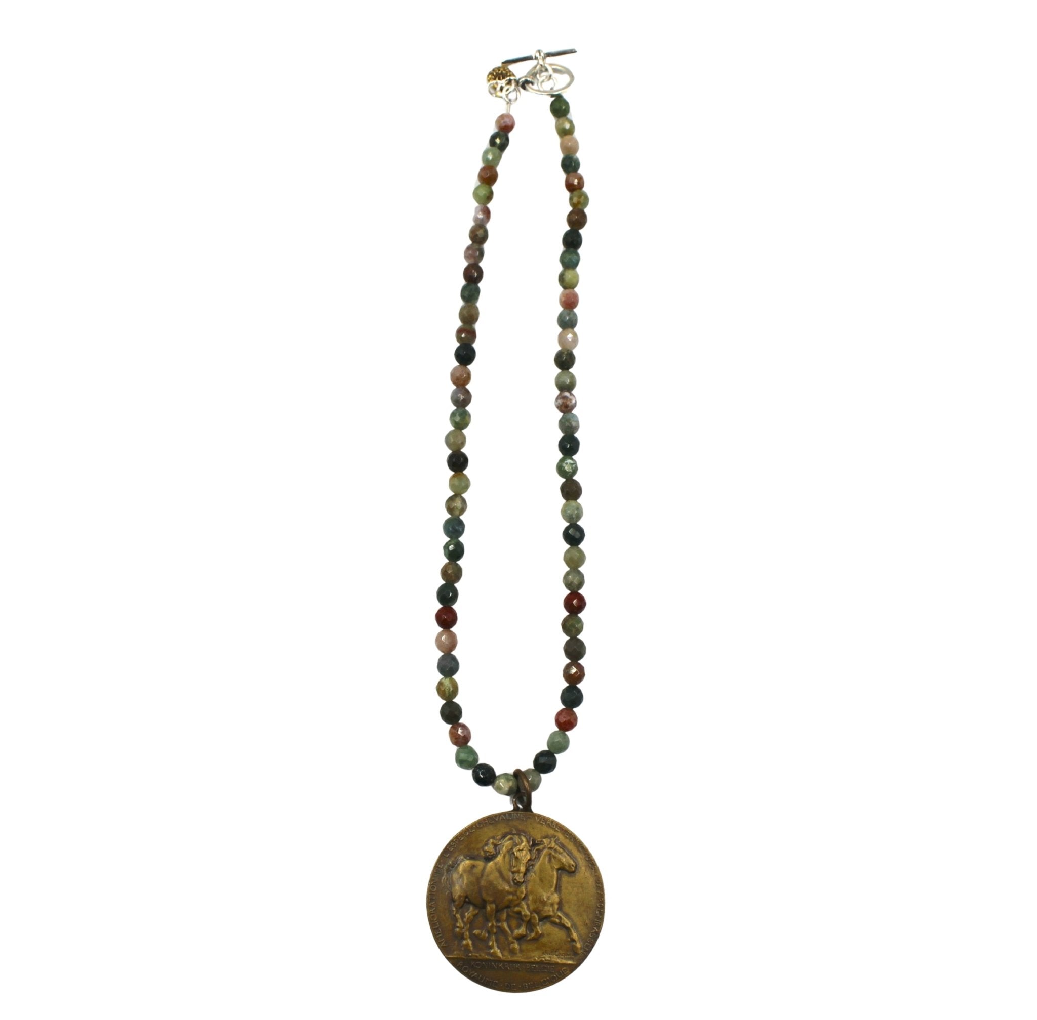 Antique Belgian Bronze Draft Horse Medal on Faceted Multi Stone Beaded Necklace - The Great Republic