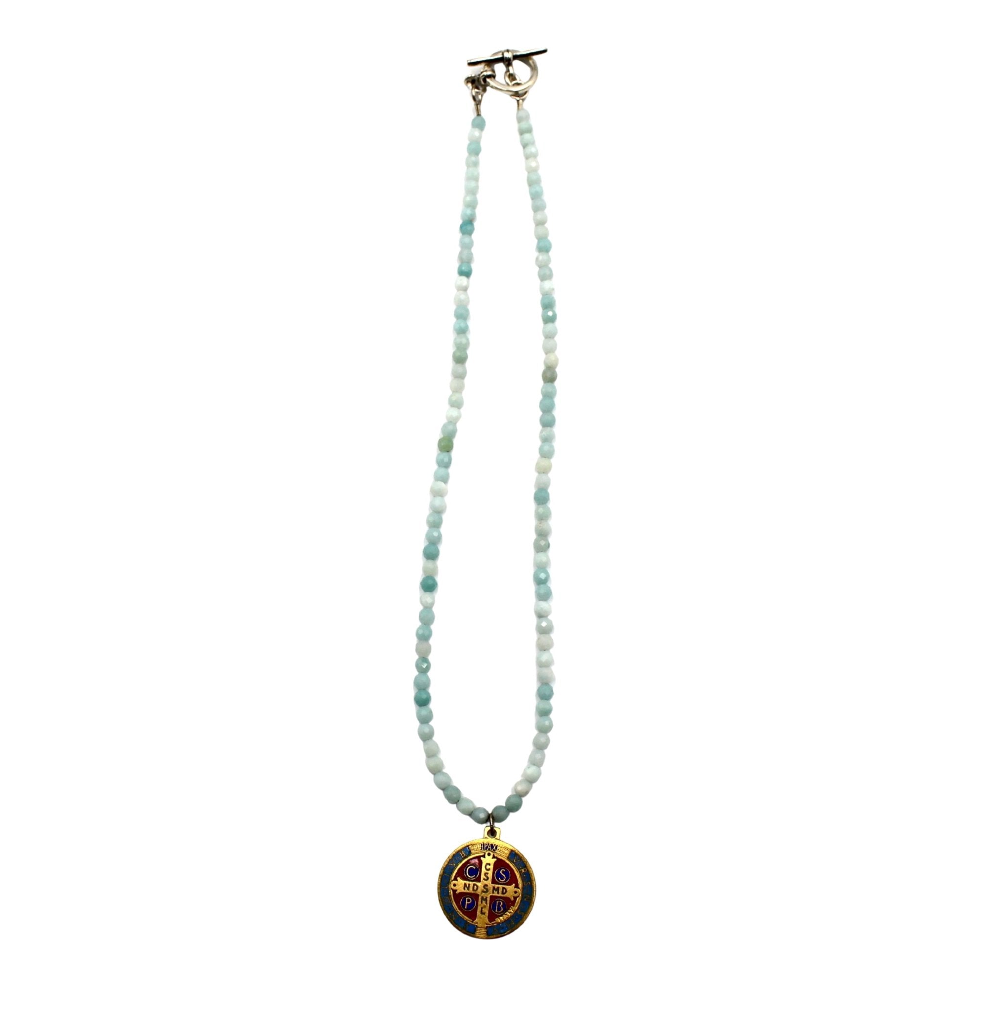 Antique Belgian Enameled Medal of Saint Benedict on Faceted Amazonite Necklace - The Great Republic