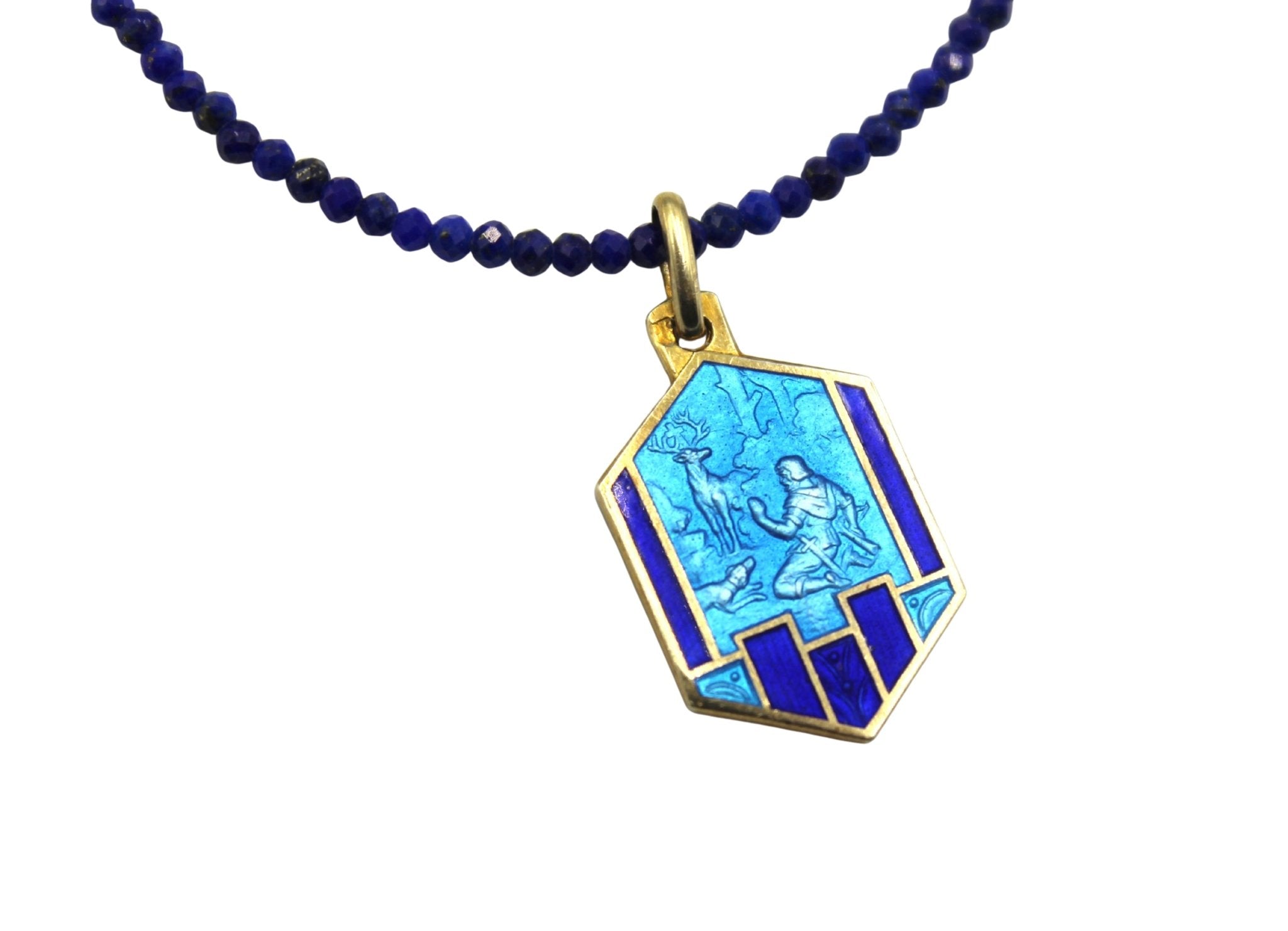 Antique Belgian Enameled Medal of Saint Hubert on Faceted Blue Lapis Necklace - The Great Republic