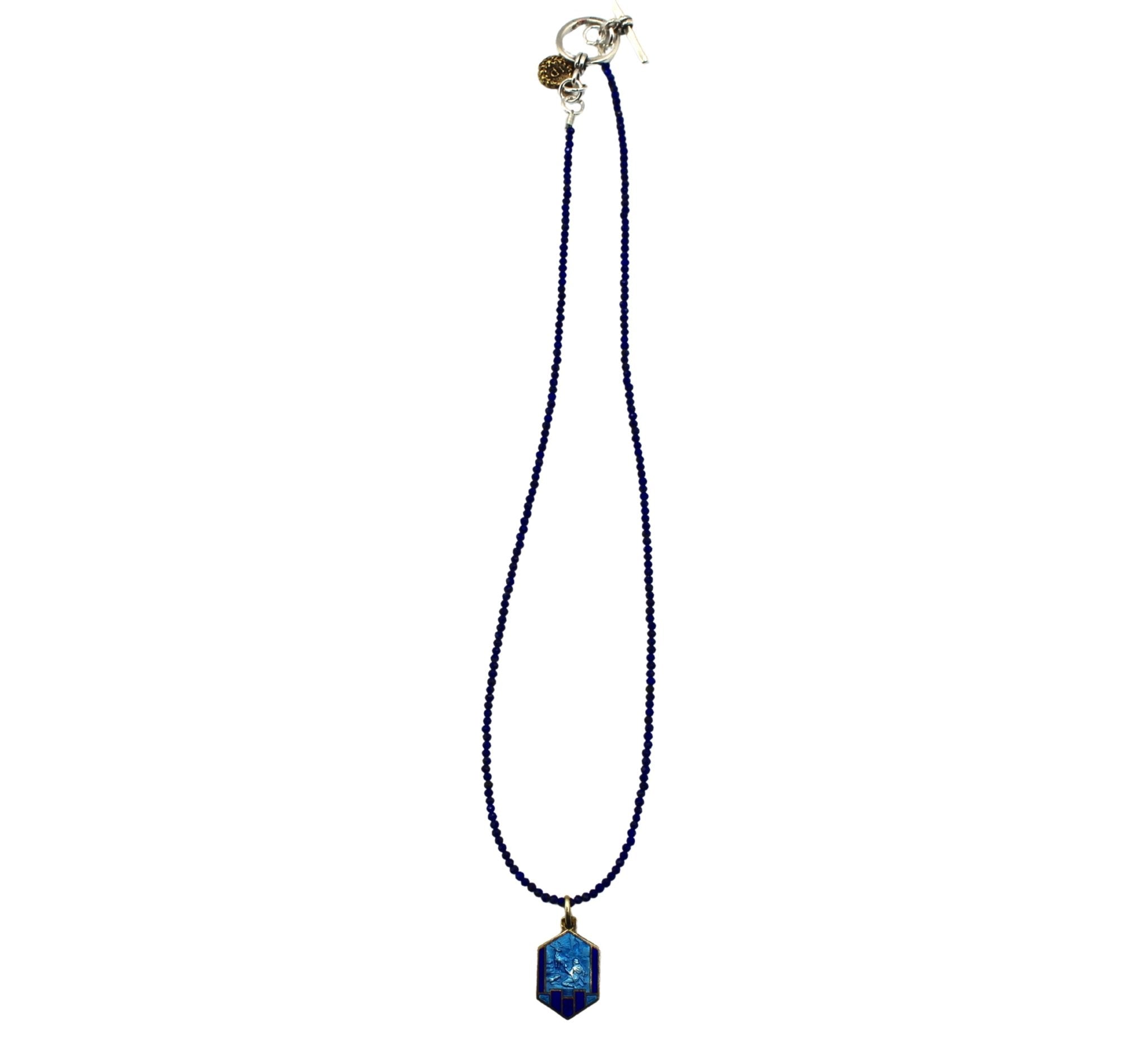 Antique Belgian Enameled Medal of Saint Hubert on Faceted Blue Lapis Necklace - The Great Republic