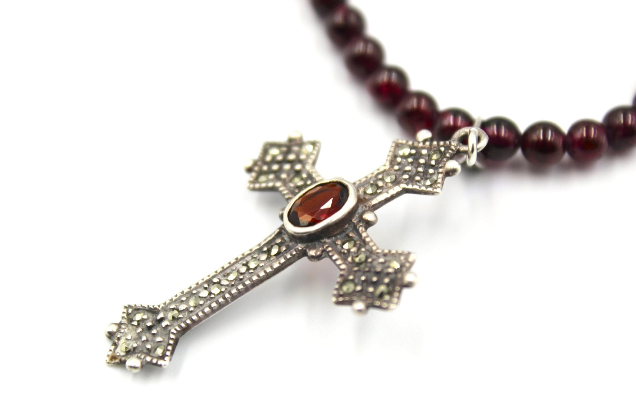Antique Belgian Garnet, Marcasite, and Sterling Silver Cross on Garnet Bead Necklace - The Great Republic