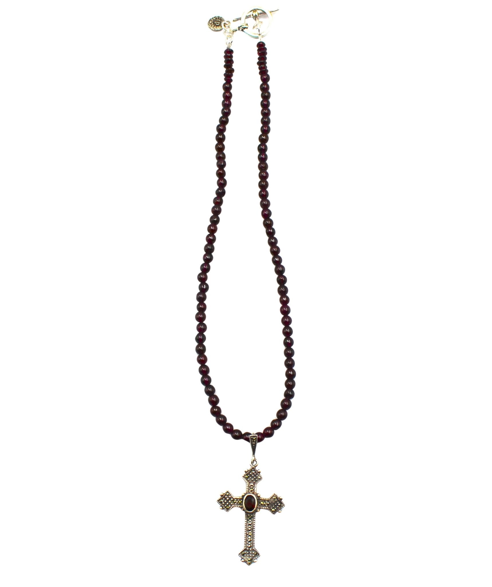 Antique Belgian Garnet, Marcasite, and Sterling Silver Cross on Garnet Bead Necklace - The Great Republic
