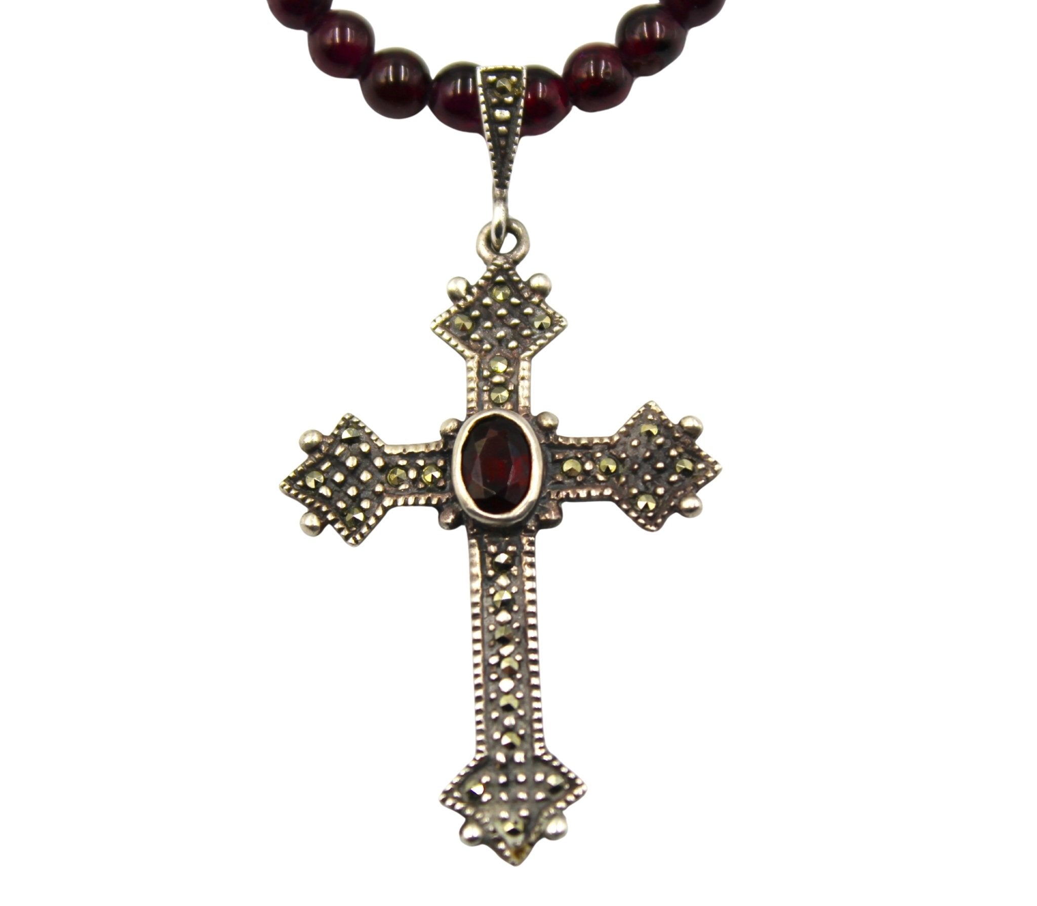 Antique Belgian Garnet, Marcasite, and Sterling Silver Cross on Garnet Bead Necklace - The Great Republic