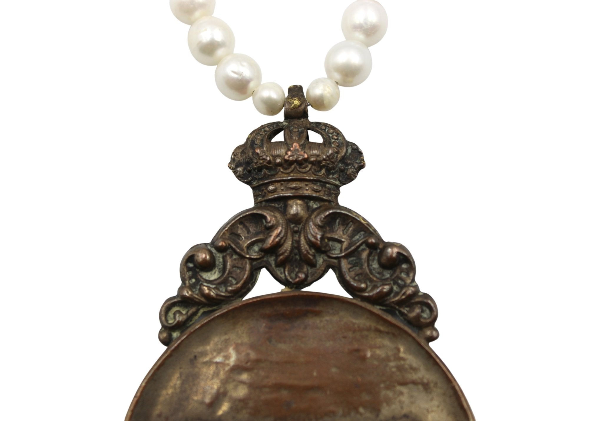 Antique Belgian Silvered Bronze Bull Medal on Freshwater Pearl Necklace - The Great Republic