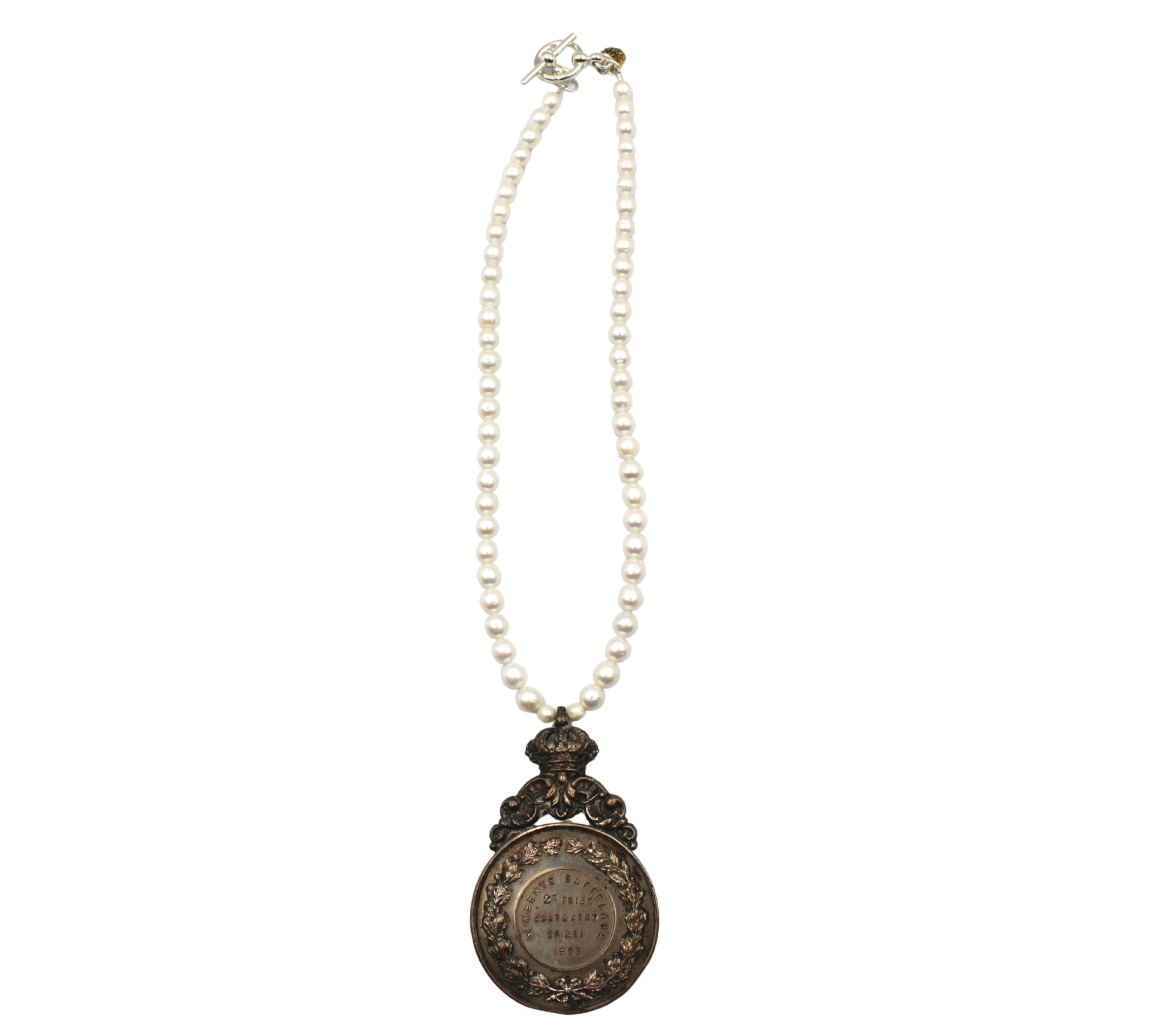 Antique Belgian Silvered Bronze Bull Medal on Freshwater Pearl Necklace - The Great Republic