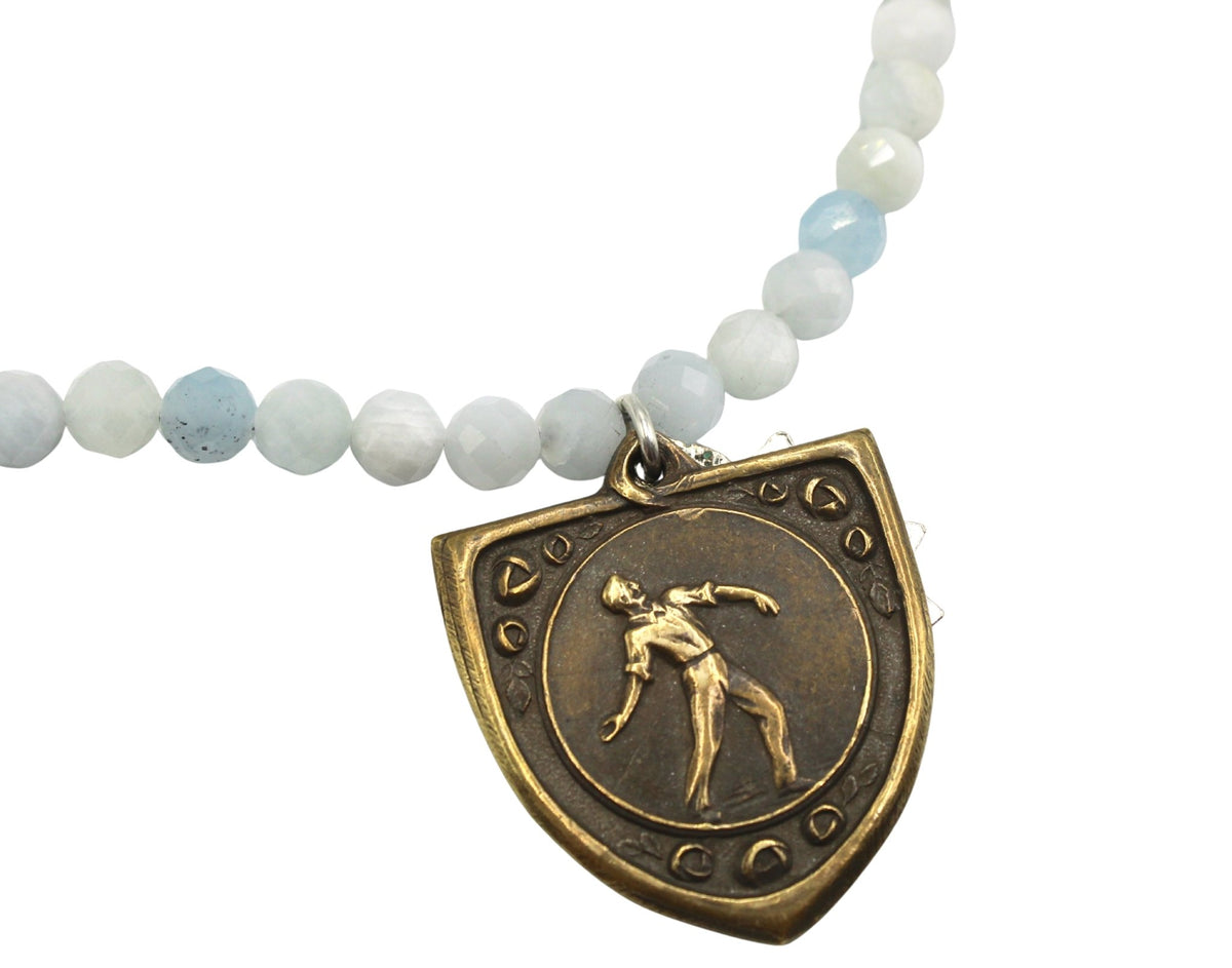 Antique Belgian Sporting Medal on a Faceted Aquamarine Necklace - The Great Republic